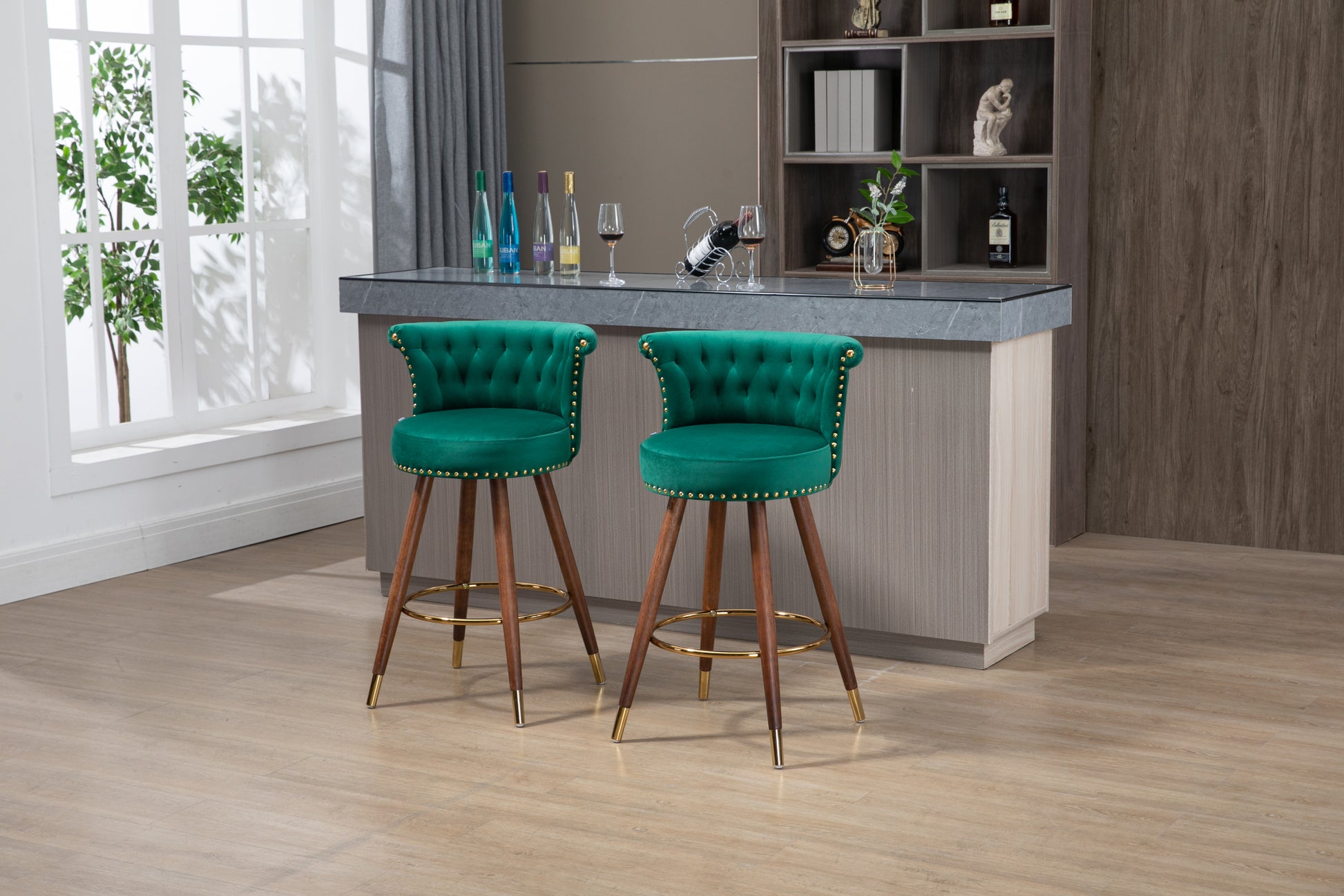 Coolmore Swivel Bar Stools With Backrest Footrest With A Fixed Height Of 360 Degrees Emerald Solid Wood
