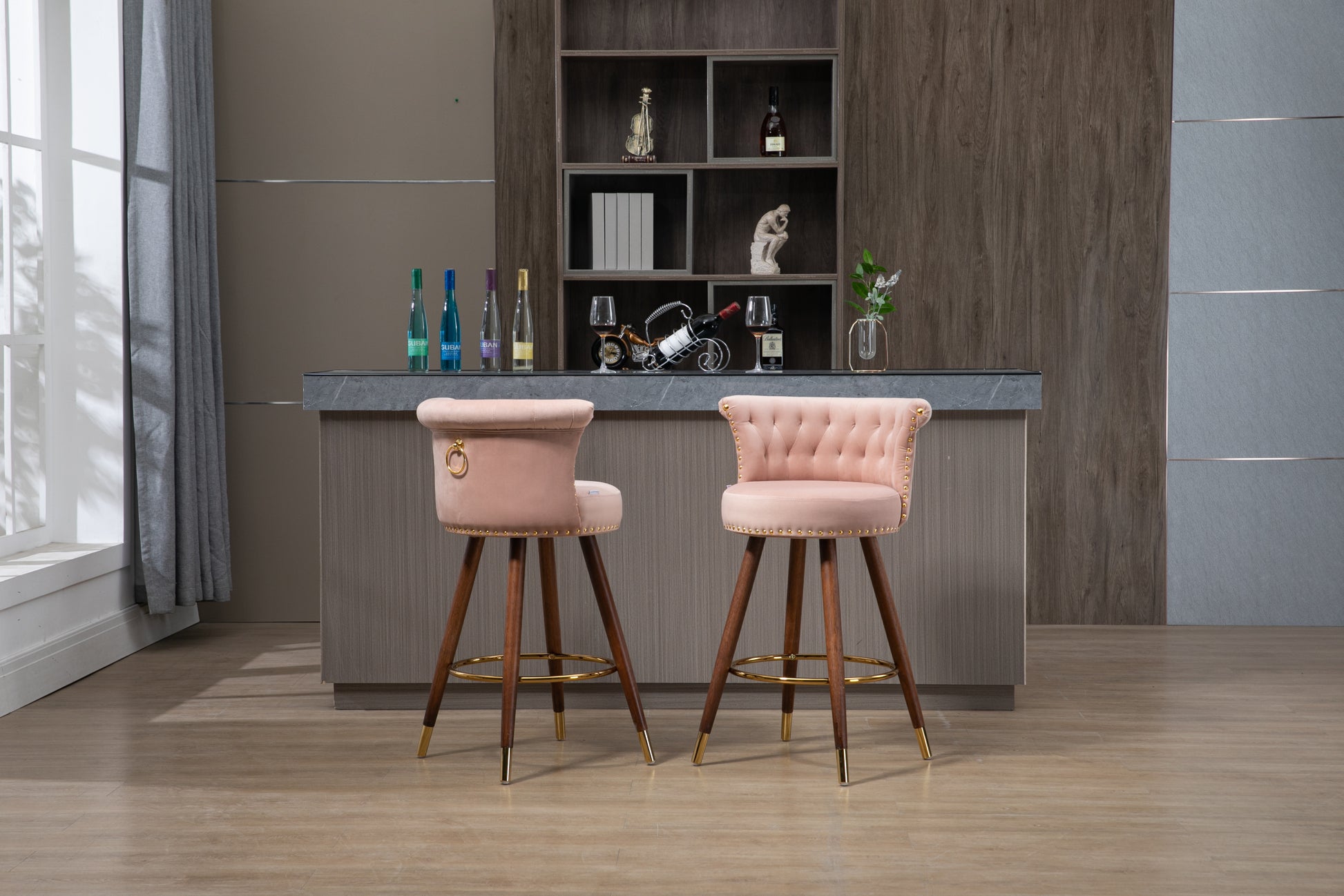 Coolmore Swivel Bar Stools With Backrest Footrest With A Fixed Height Of 360 Degrees Pink Solid Wood
