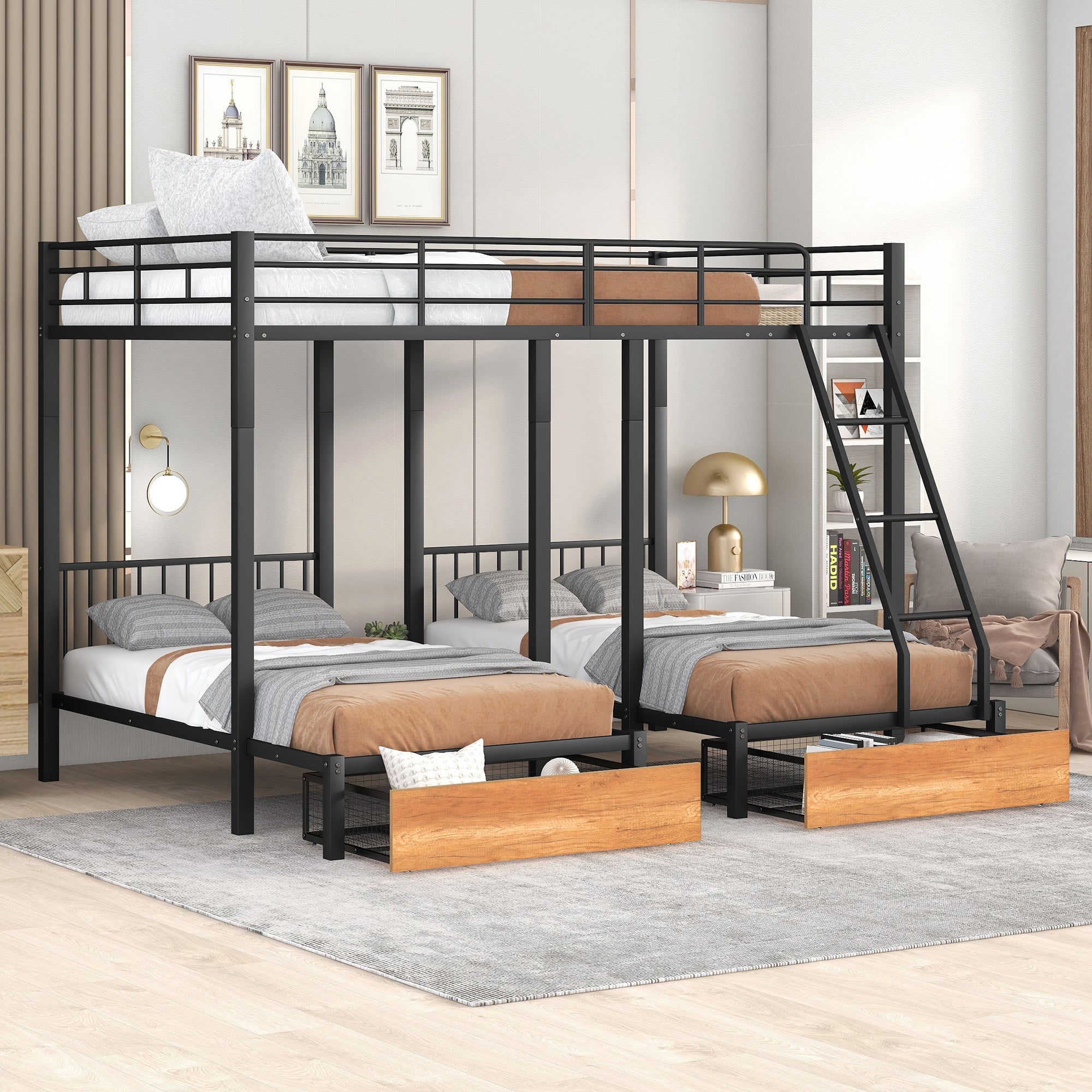 Full Over Twin & Twin Bunk Bed, Metal Triple Bunk Bed With Drawers And Guardrails, Black Black Metal & Wood