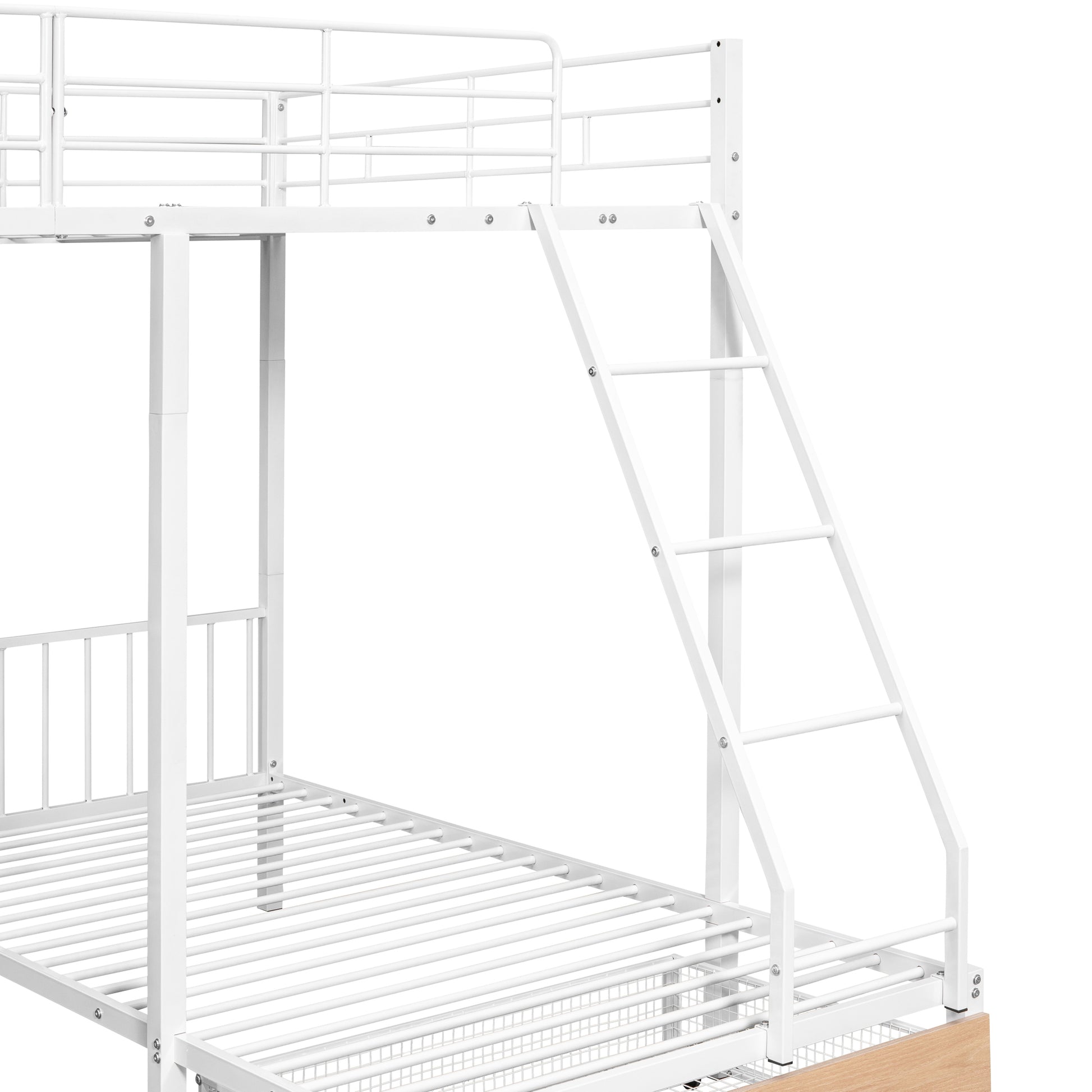 Full Over Twin & Twin Bunk Bed, Metal Triple Bunk Bed With Drawers And Guardrails, White White Metal & Wood