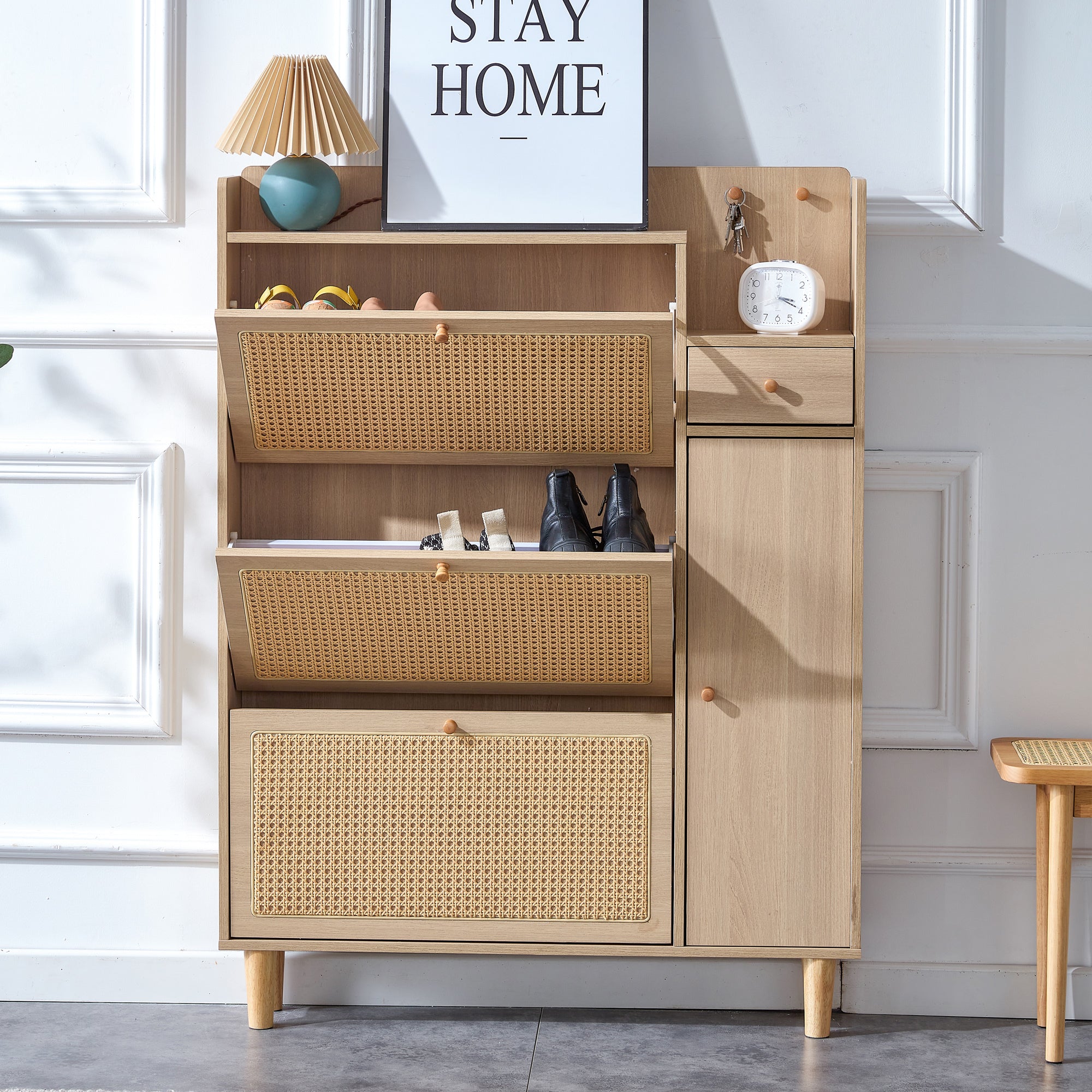 Modern Minimalist Storage Cabinet Mdf Bed Top Cabinet Japanese Rattan Shoe Cabinet, Small Home Furniture. Suitable For Hallways And Living Rooms Natural Mdf