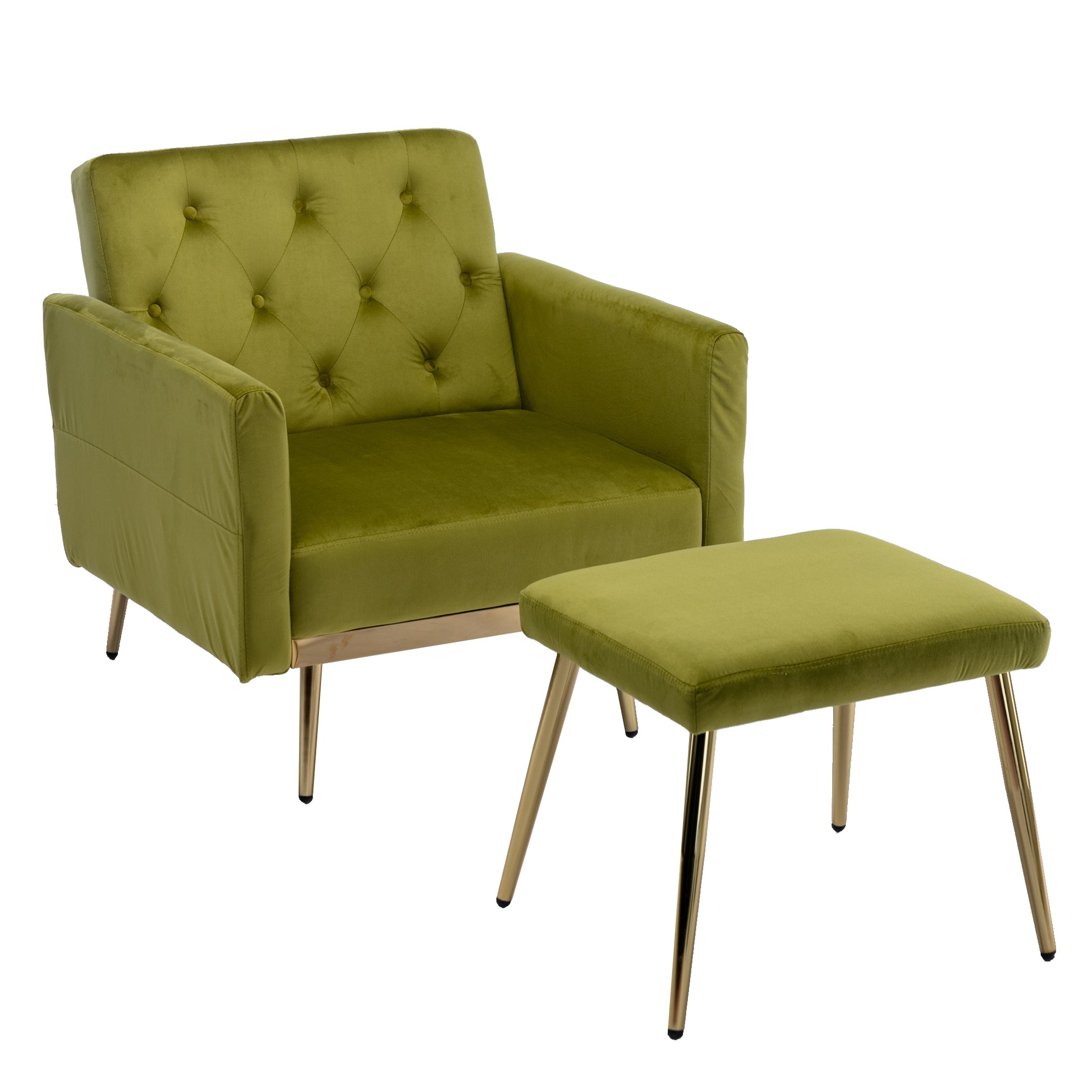 Coolmore Velvet Accent Chair With Adjustable Armrests And Backrest, Button Tufted Lounge Chair, Single Recliner Armchair With Ottoman Olive Green Metal