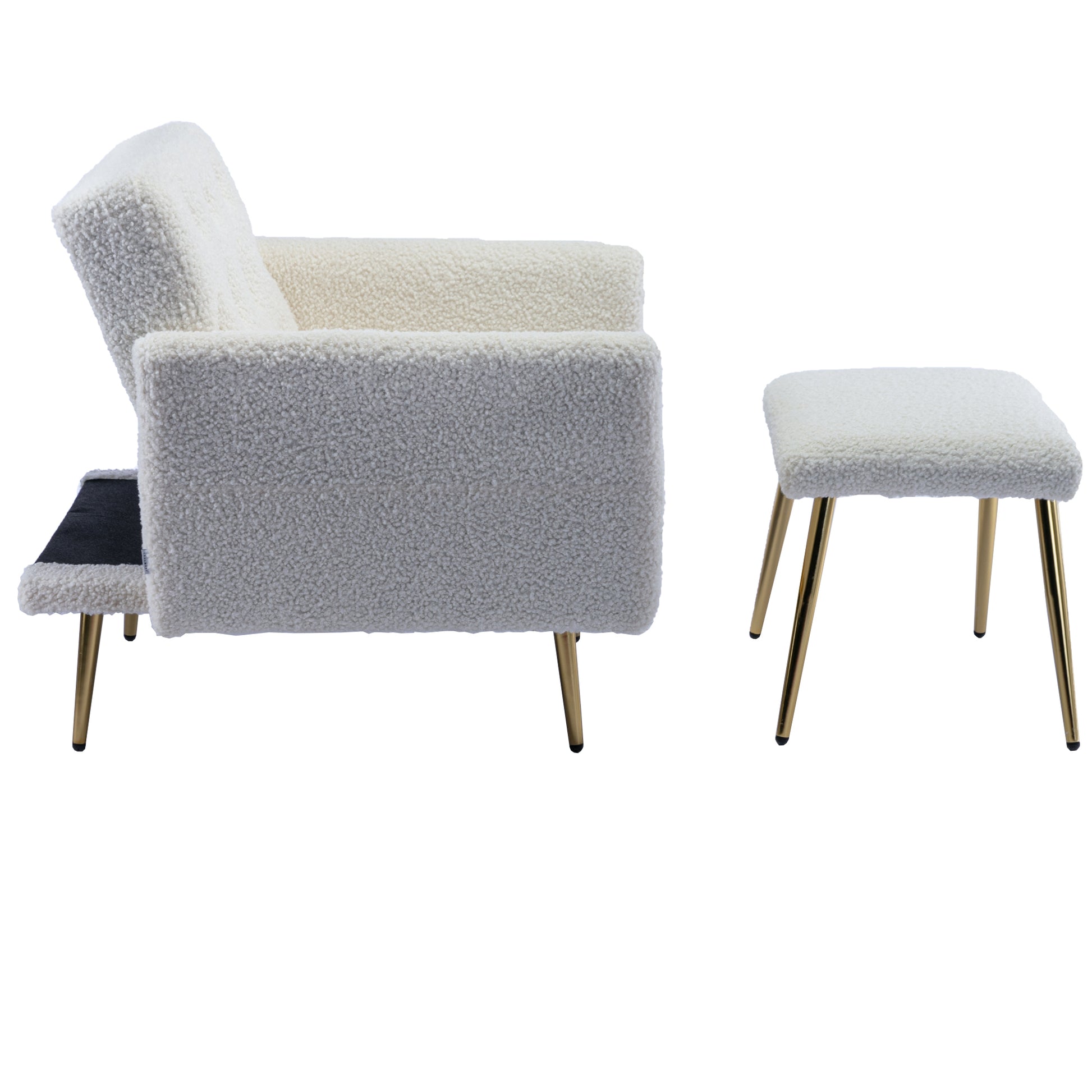 Coolmore Velvet Accent Chair With Adjustable Armrests And Backrest, Button Tufted Lounge Chair, Single Recliner Armchair With Ottoman White Teddy Metal