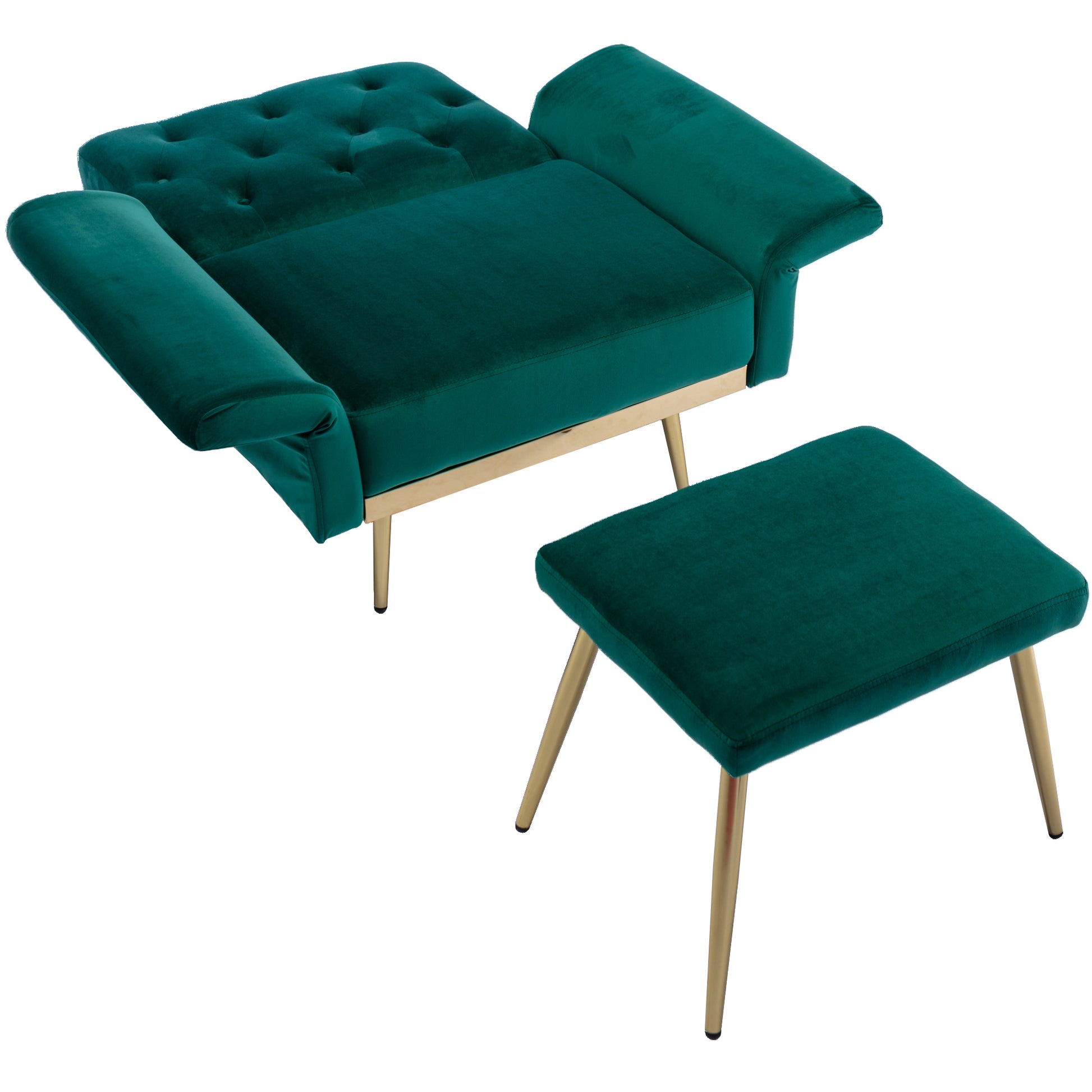 Coolmore Velvet Accent Chair With Adjustable Armrests And Backrest, Button Tufted Lounge Chair, Single Recliner Armchair With Ottoman Green Metal