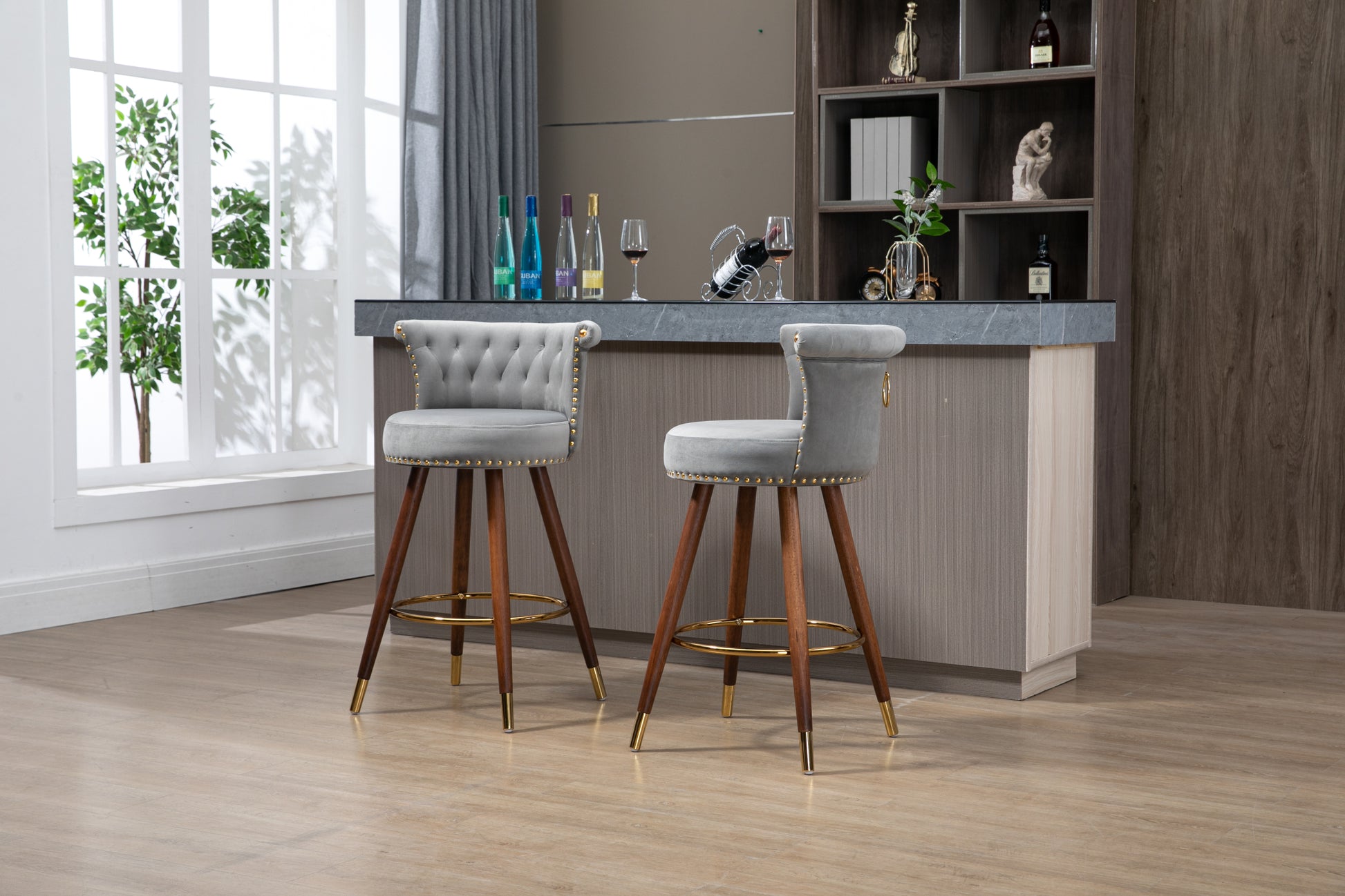 Coolmore Swivel Bar Stools With Backrest Footrest ,With A Fixed Height Of 360 Degrees Gray Solid Wood
