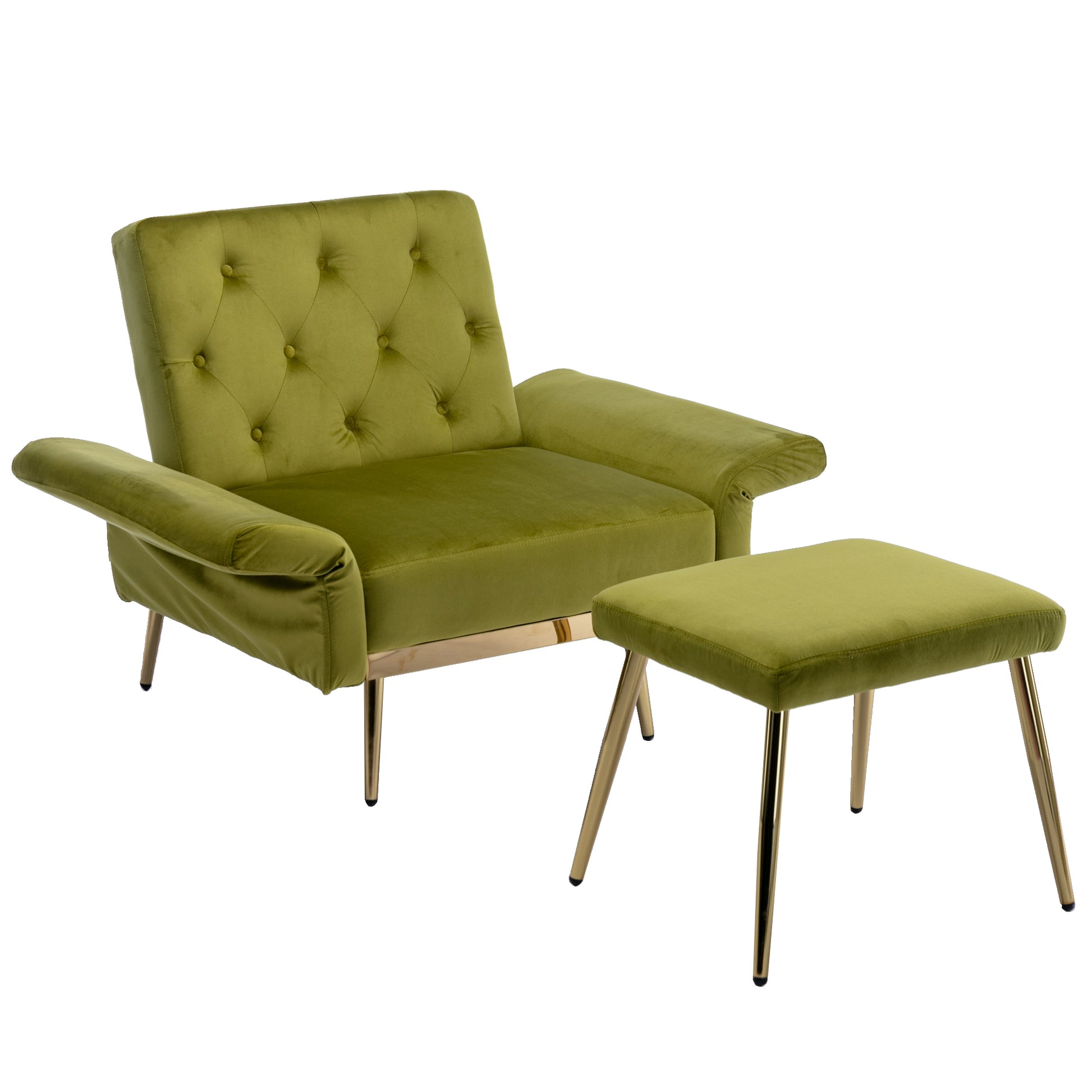 Coolmore Velvet Accent Chair With Adjustable Armrests And Backrest, Button Tufted Lounge Chair, Single Recliner Armchair With Ottoman Olive Green Metal