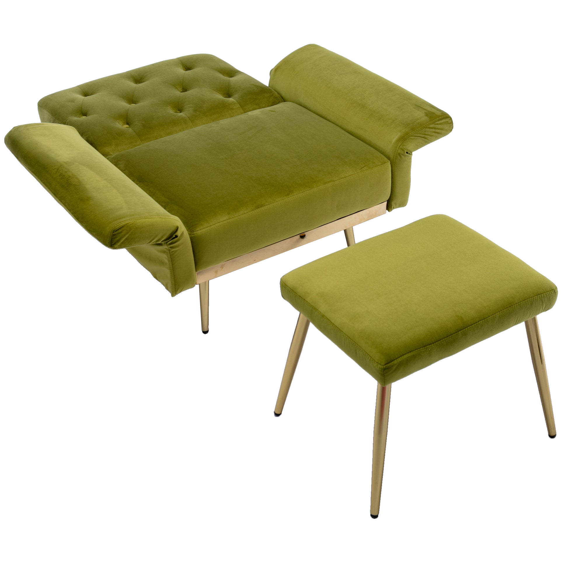 Coolmore Velvet Accent Chair With Adjustable Armrests And Backrest, Button Tufted Lounge Chair, Single Recliner Armchair With Ottoman Olive Green Metal