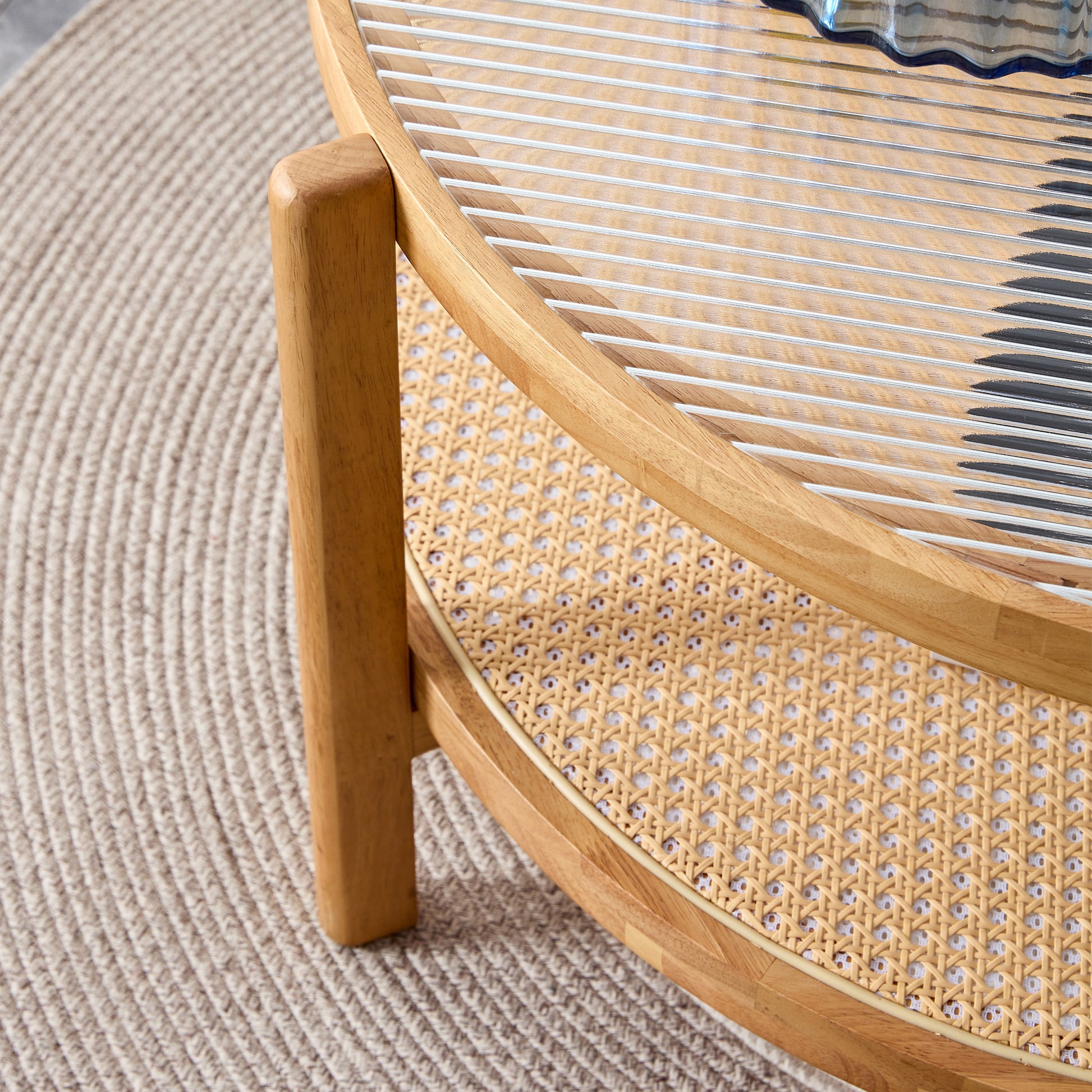Modern Simple Circular Double Layer Solid Wood Tea Table Rattan Woven Chinese Side Table Small Round Table Suitable For Living Room, Dining Room And Bedroom Natural Wood Solid Wood