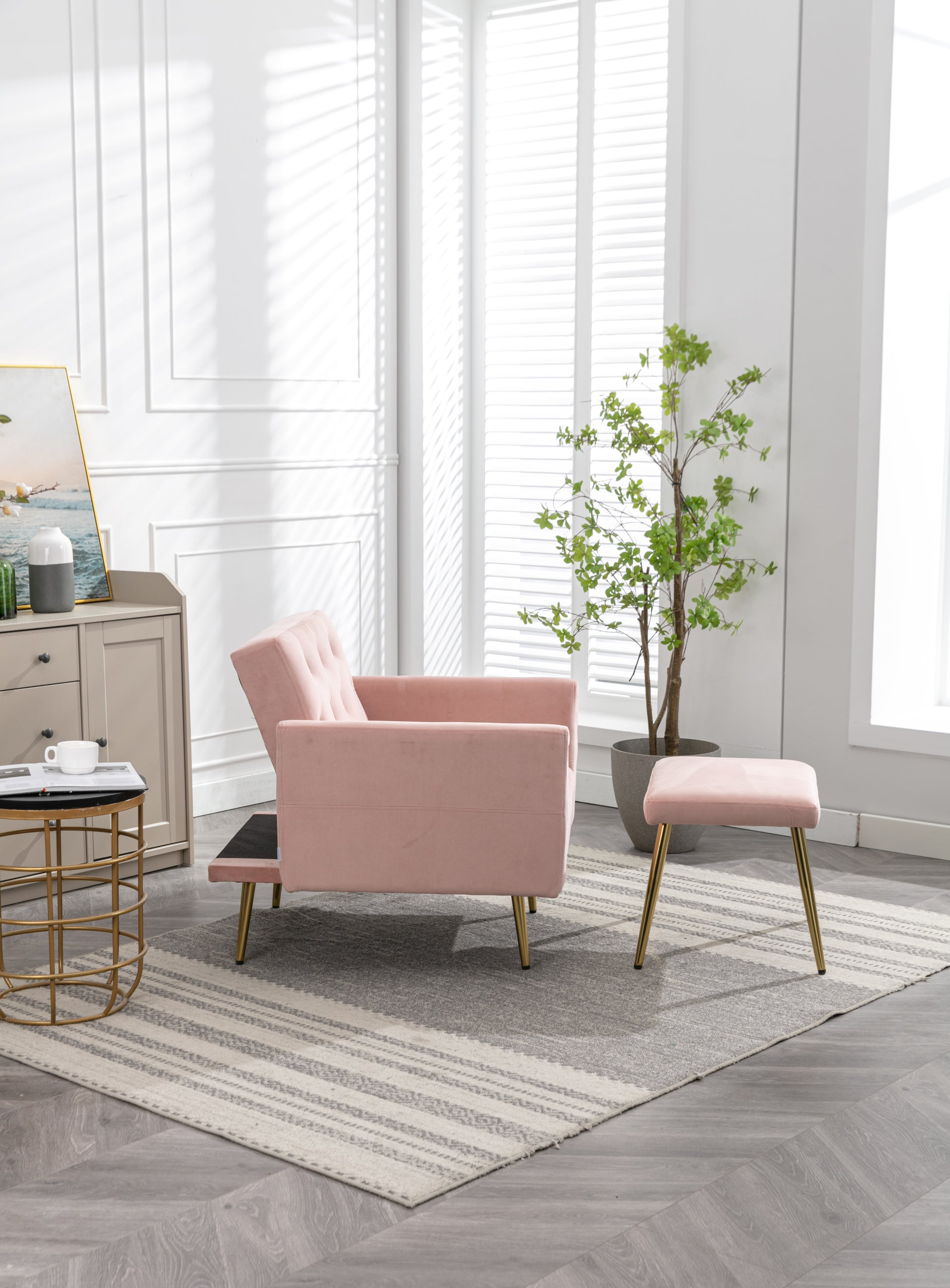 Coolmore Velvet Accent Chair With Adjustable Armrests And Backrest, Button Tufted Lounge Chair, Single Recliner Armchair With Ottoman Pink Metal