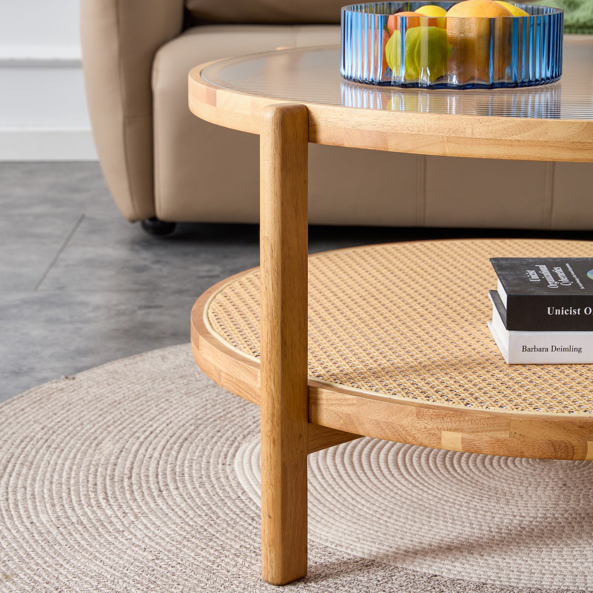 Modern Simple Circular Double Layer Solid Wood Tea Table Rattan Woven Chinese Side Table Small Round Table Suitable For Living Room, Dining Room And Bedroom Natural Wood Solid Wood