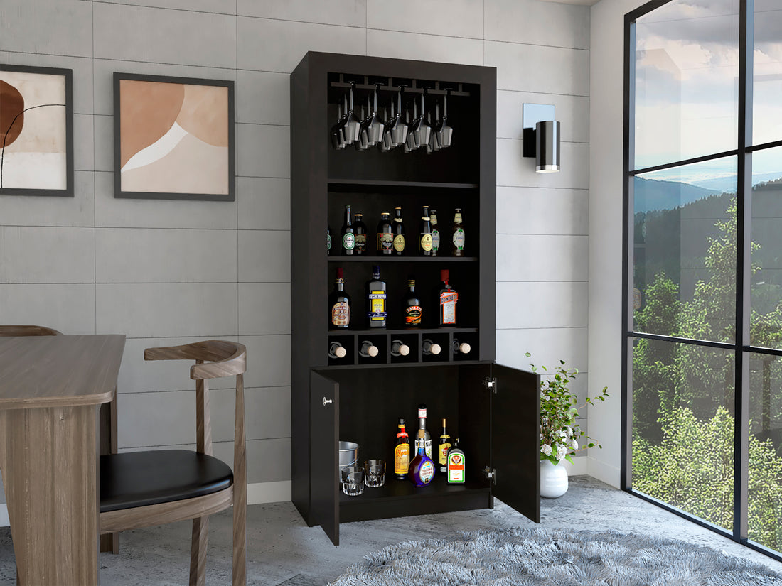 Black Wengue 3 Shelf Rectangle 5 Bottle Bar Cabinet Black Particle Board