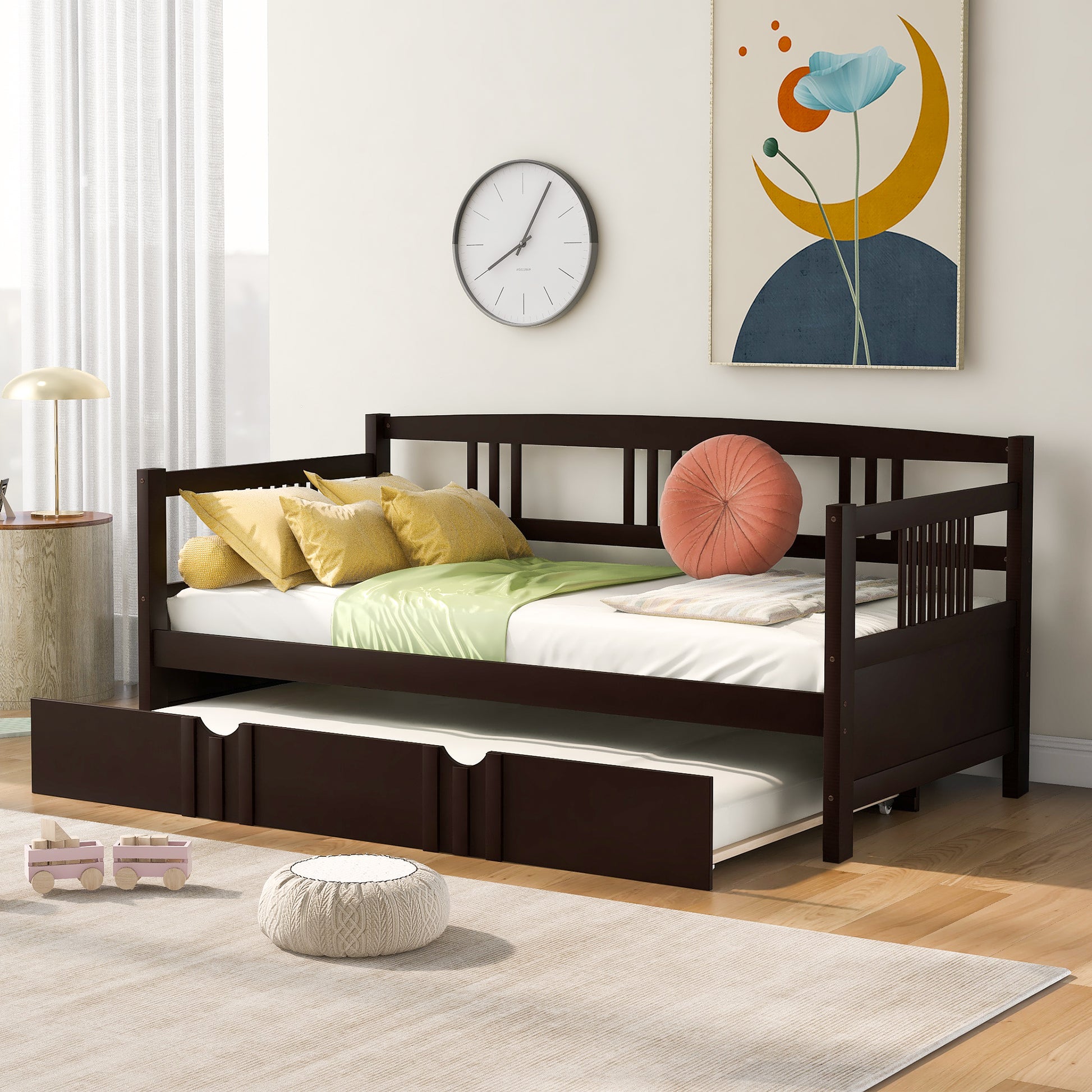 Twin Size Daybed Wood Bed With Twin Size Trundle,Espresso Espresso Solid Wood