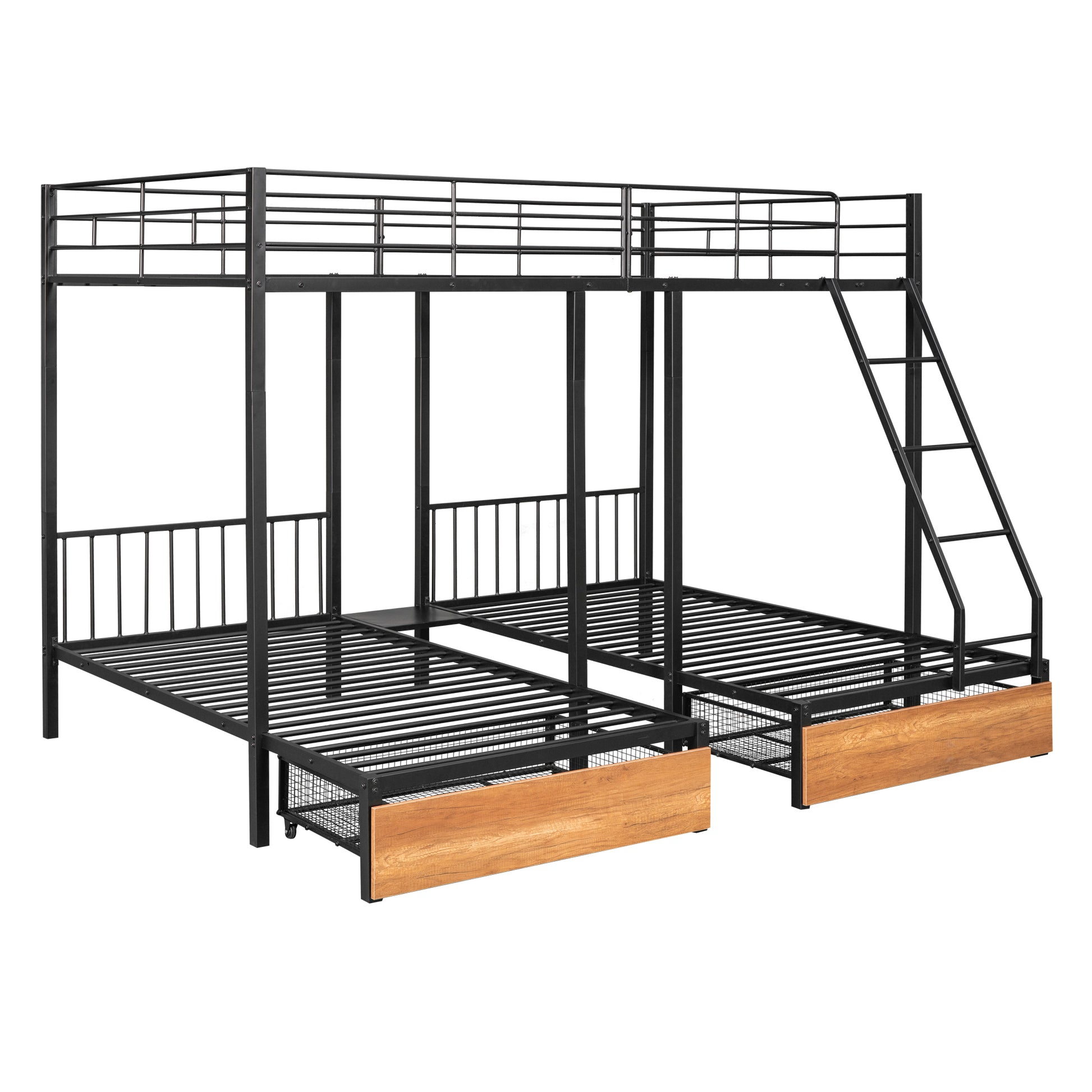 Full Over Twin & Twin Bunk Bed, Metal Triple Bunk Bed With Drawers And Guardrails, Black Black Metal & Wood