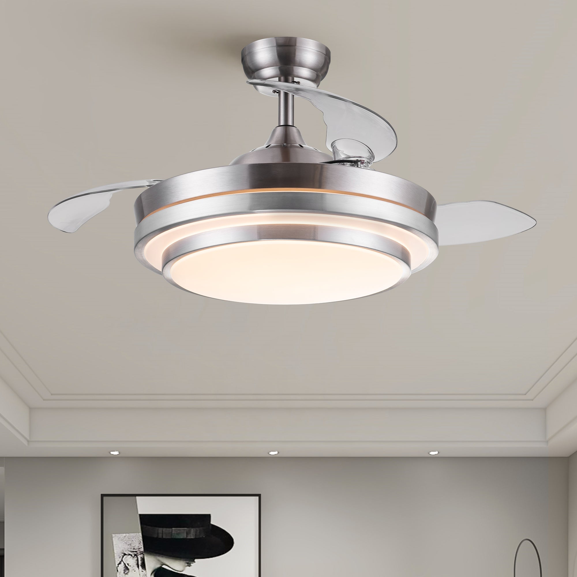 42 In. Retractable Ceiling Fan With Remote Control Brushed Nickel Abs Pc