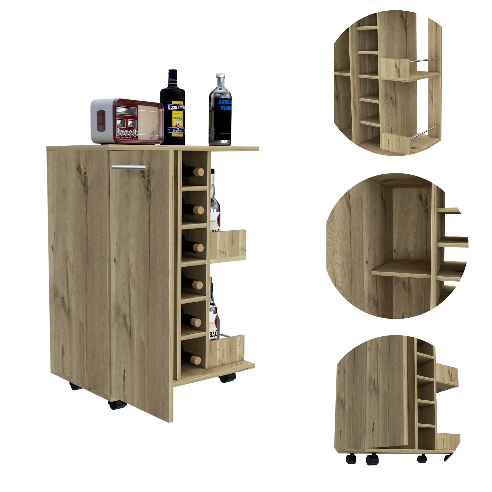 Bartlet 2 Shelf 6 Bottle Bar Cart With Division Light Oak Light Oak Particle Board
