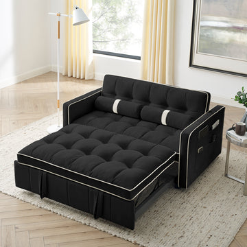 Modern 55.5" Pull Out Sleep Sofa Bed 2 Seater Loveseats Sofa Couch With Side Pockets, Adjsutable Backrest And Lumbar Pillows For Apartment Office Living Room Black Foam Velvet