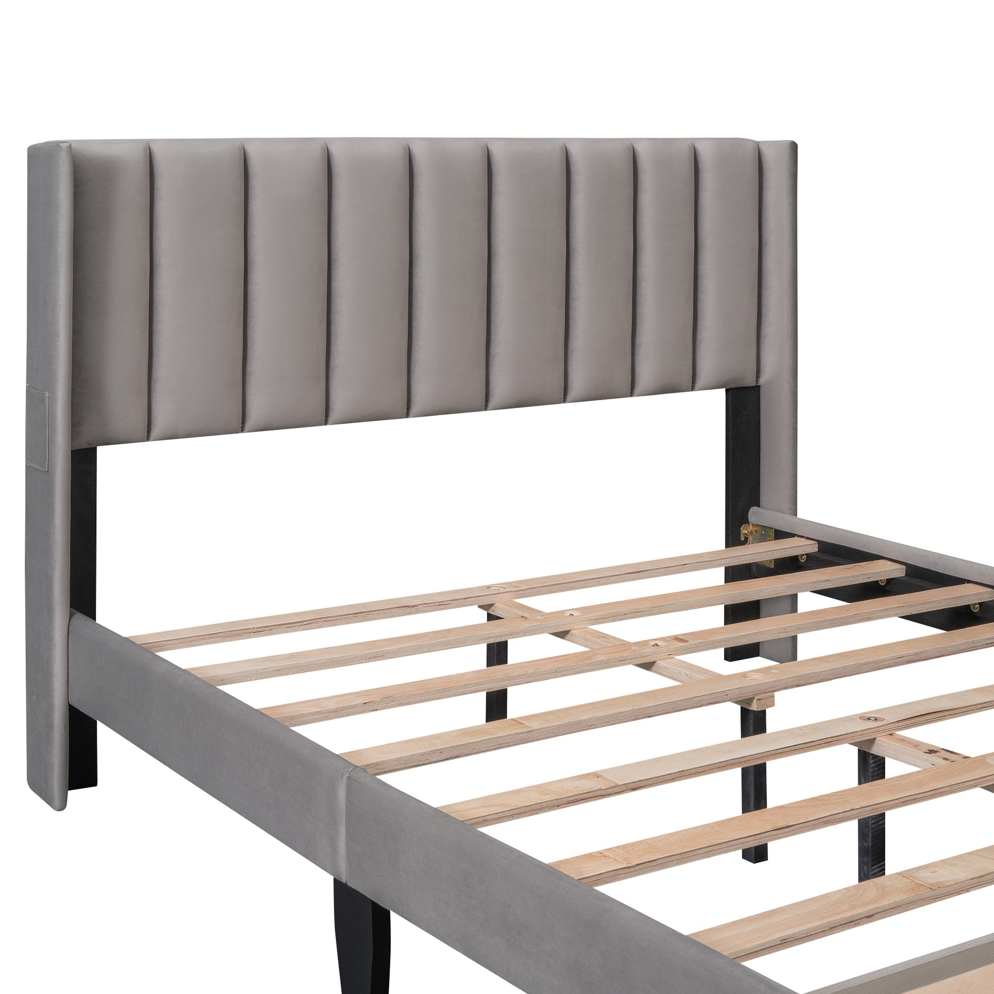 Queen Size Storage Bed Velvet Upholstered Platform Bed With A Big Drawer Gray Gray Velvet