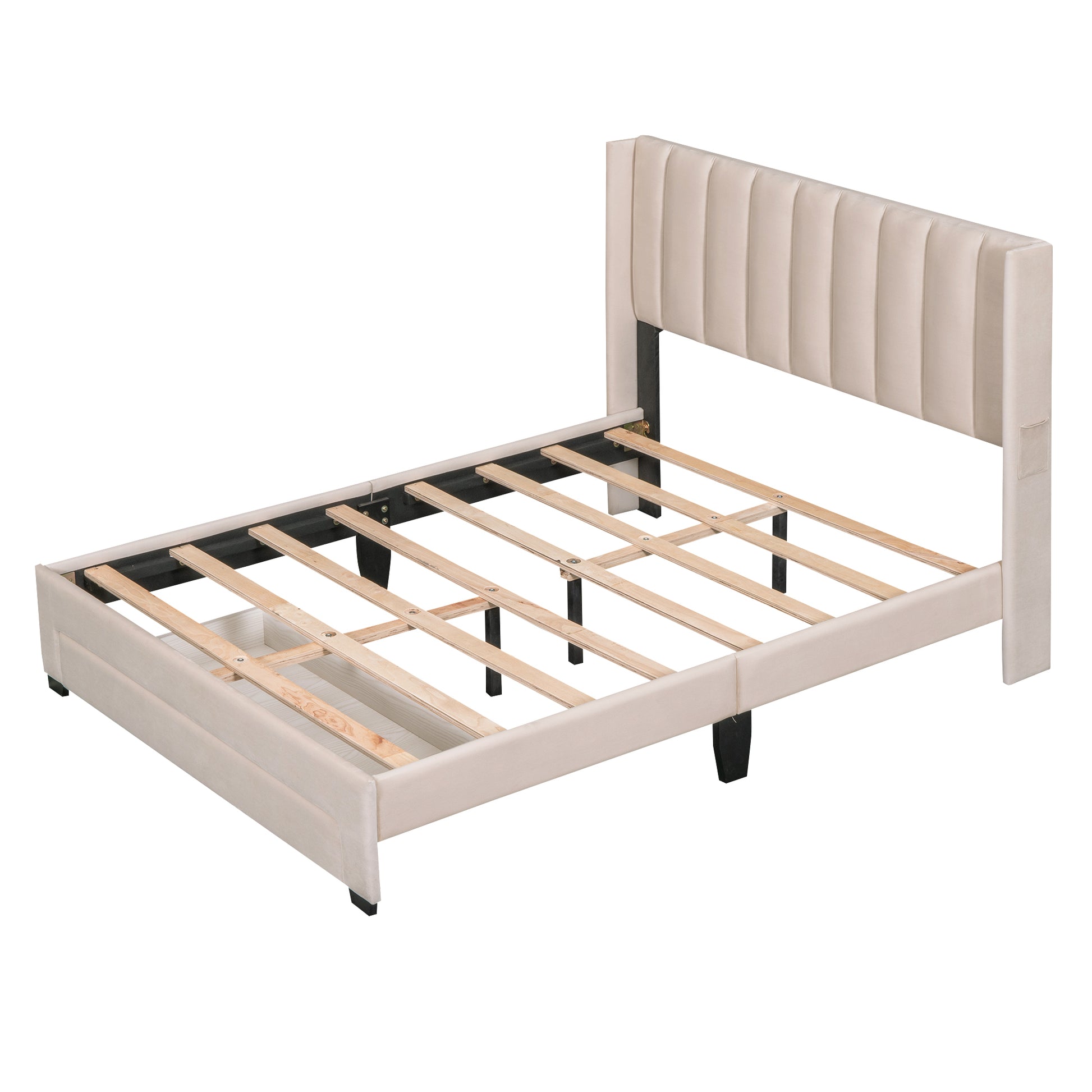 Full Size Storage Bed Velvet Upholstered Platform Bed With A Big Drawer Beige Beige Velvet