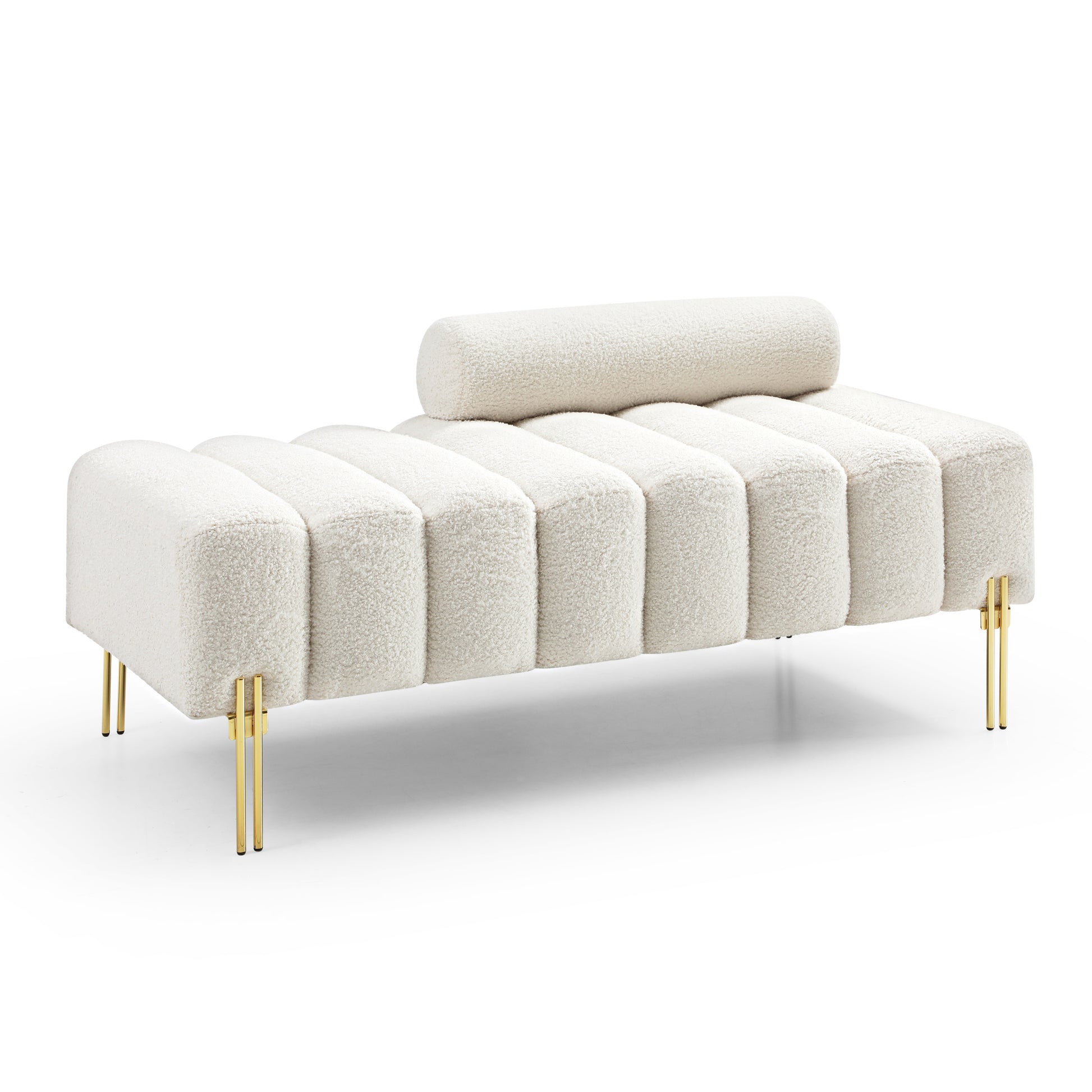 53.2"Width Modern End Of Bed Bench Sherpa Fabric Upholstered 2 Seater Sofa Couch Entryway Ottoman Bench Fuzzy Sofa Stool Footrest Window Bench With Gold Metal Legs For Bedroom Living Room,Beige Beige Foam Upholstered