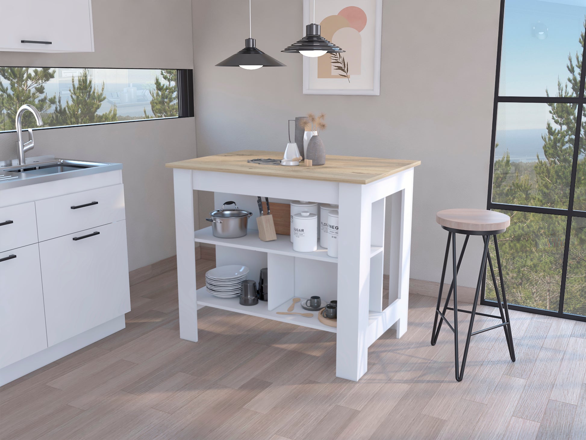 Rockaway 3 Shelf Kitchen Island White And Light Oak White Particle Board