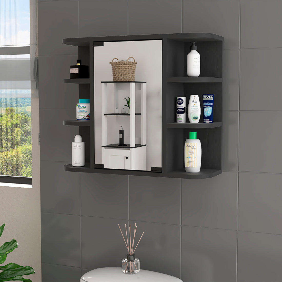 Roseburg 6 Shelf Medicine Cabinet With Mirorr Black Wengue Black Particle Board