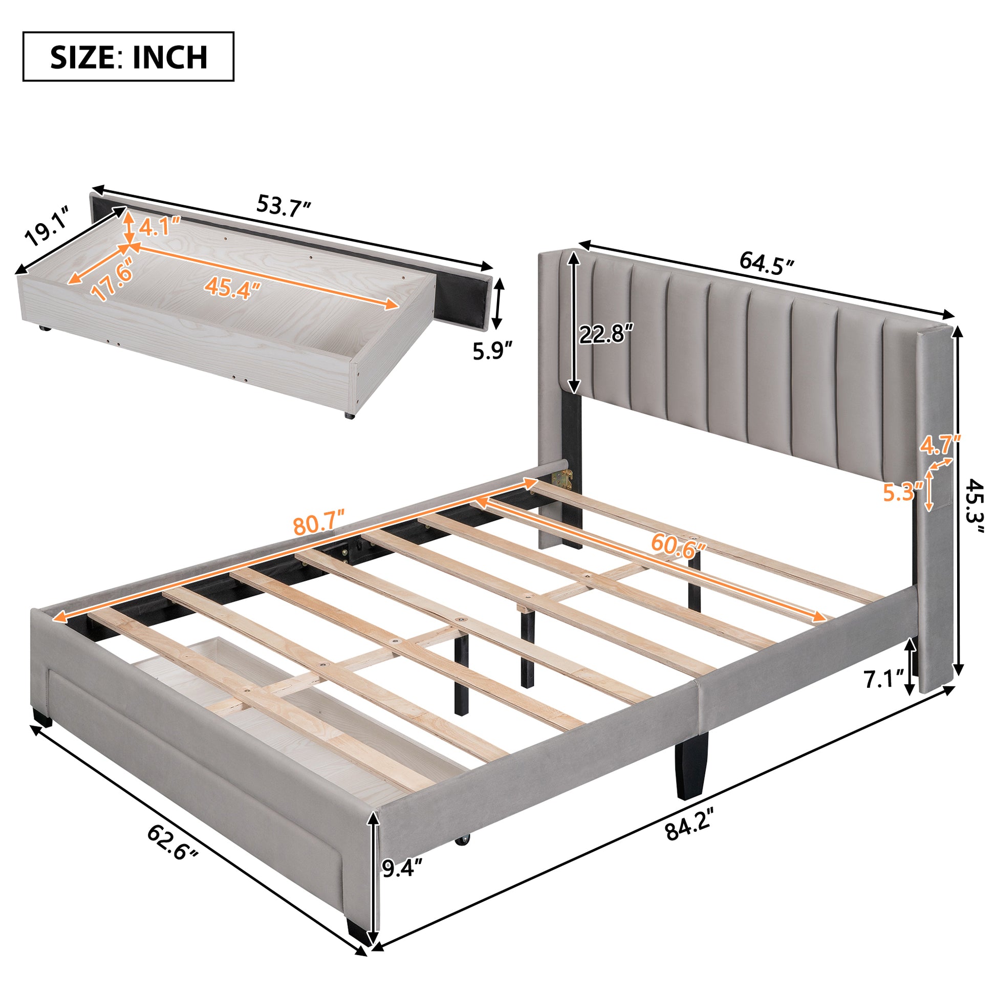 Queen Size Storage Bed Velvet Upholstered Platform Bed With A Big Drawer Gray Gray Velvet