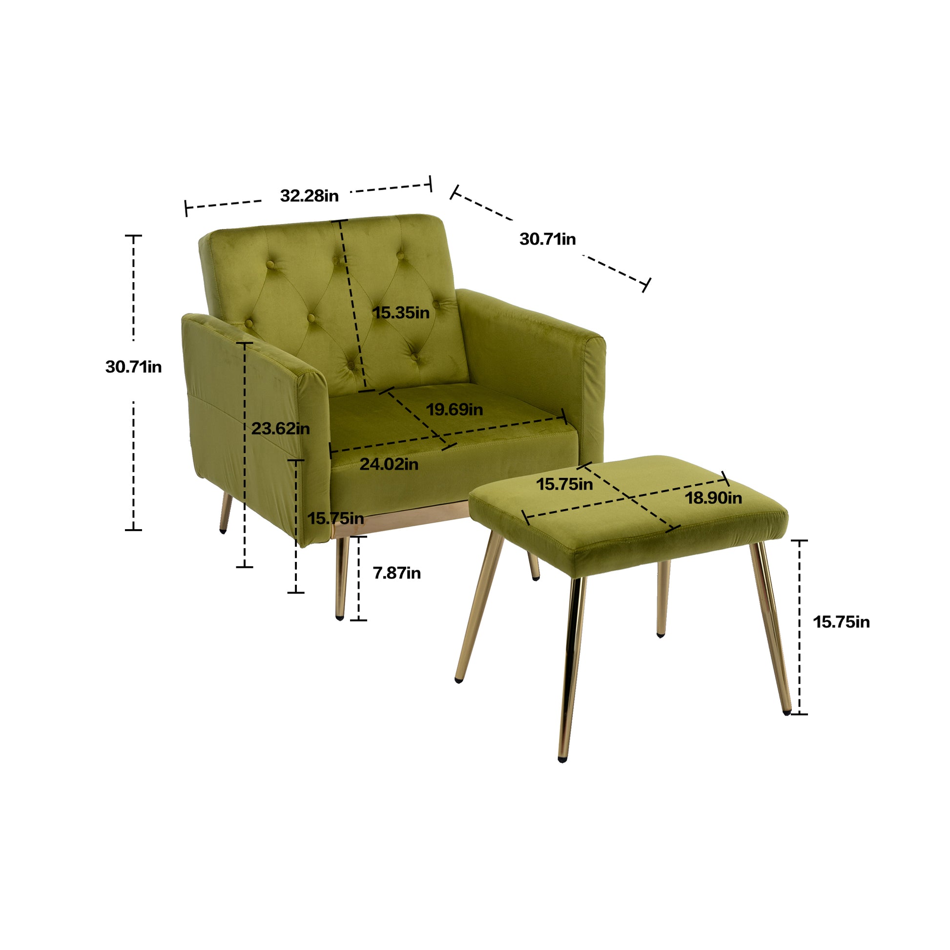 Coolmore Velvet Accent Chair With Adjustable Armrests And Backrest, Button Tufted Lounge Chair, Single Recliner Armchair With Ottoman Olive Green Metal