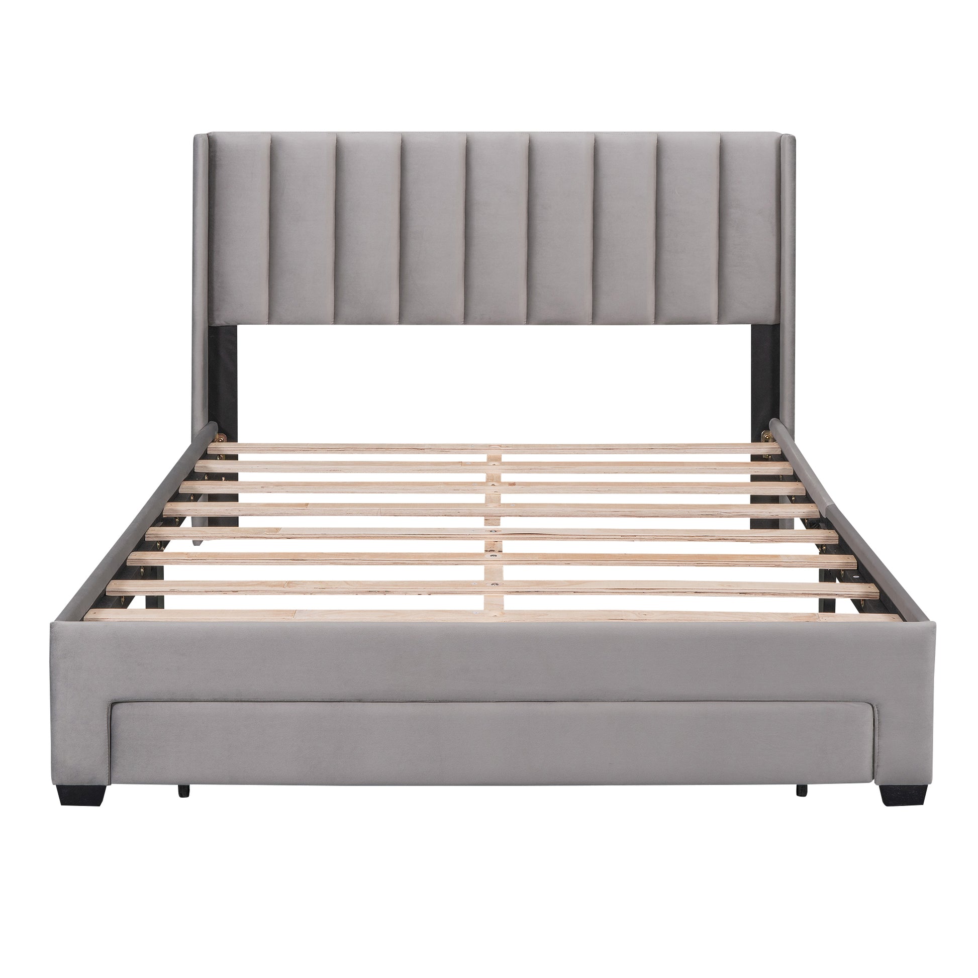 Queen Size Storage Bed Velvet Upholstered Platform Bed With A Big Drawer Gray Gray Velvet