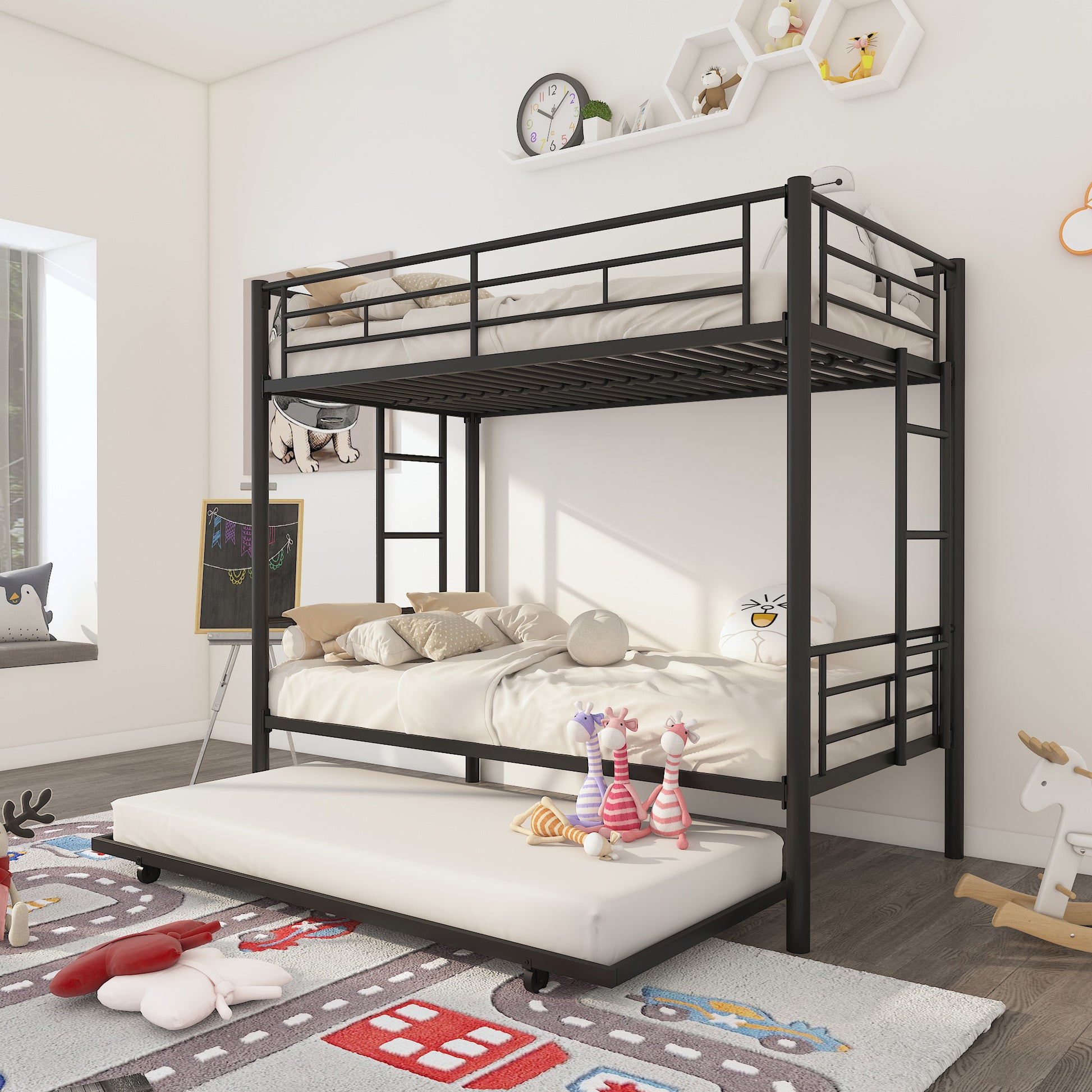 Twin Over Twin Metal Bunk Bed Frame With Trundle Upgrade Reinforcement Version Black Metal