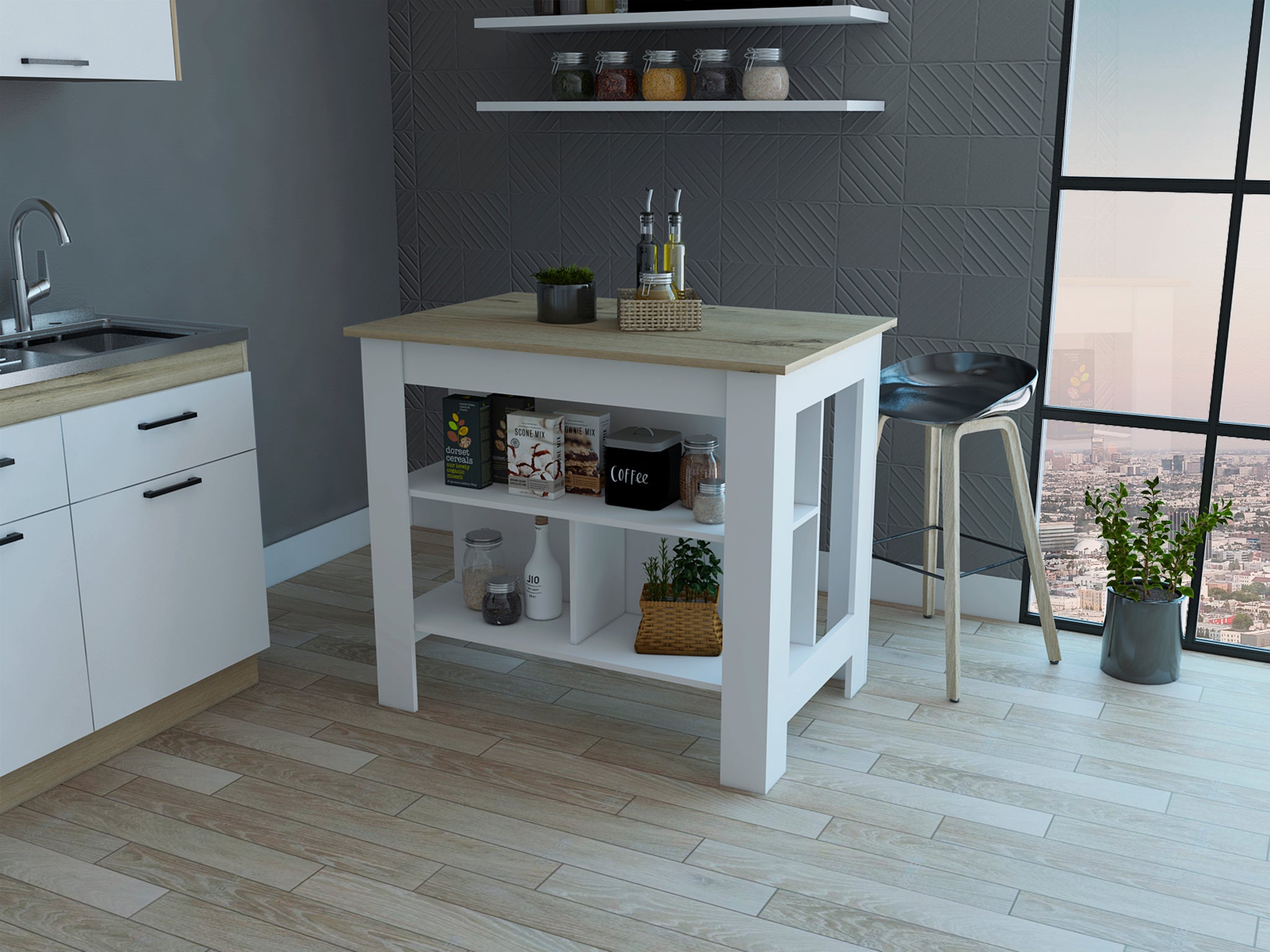 Rockaway 3 Shelf Kitchen Island White And Light Oak White Particle Board