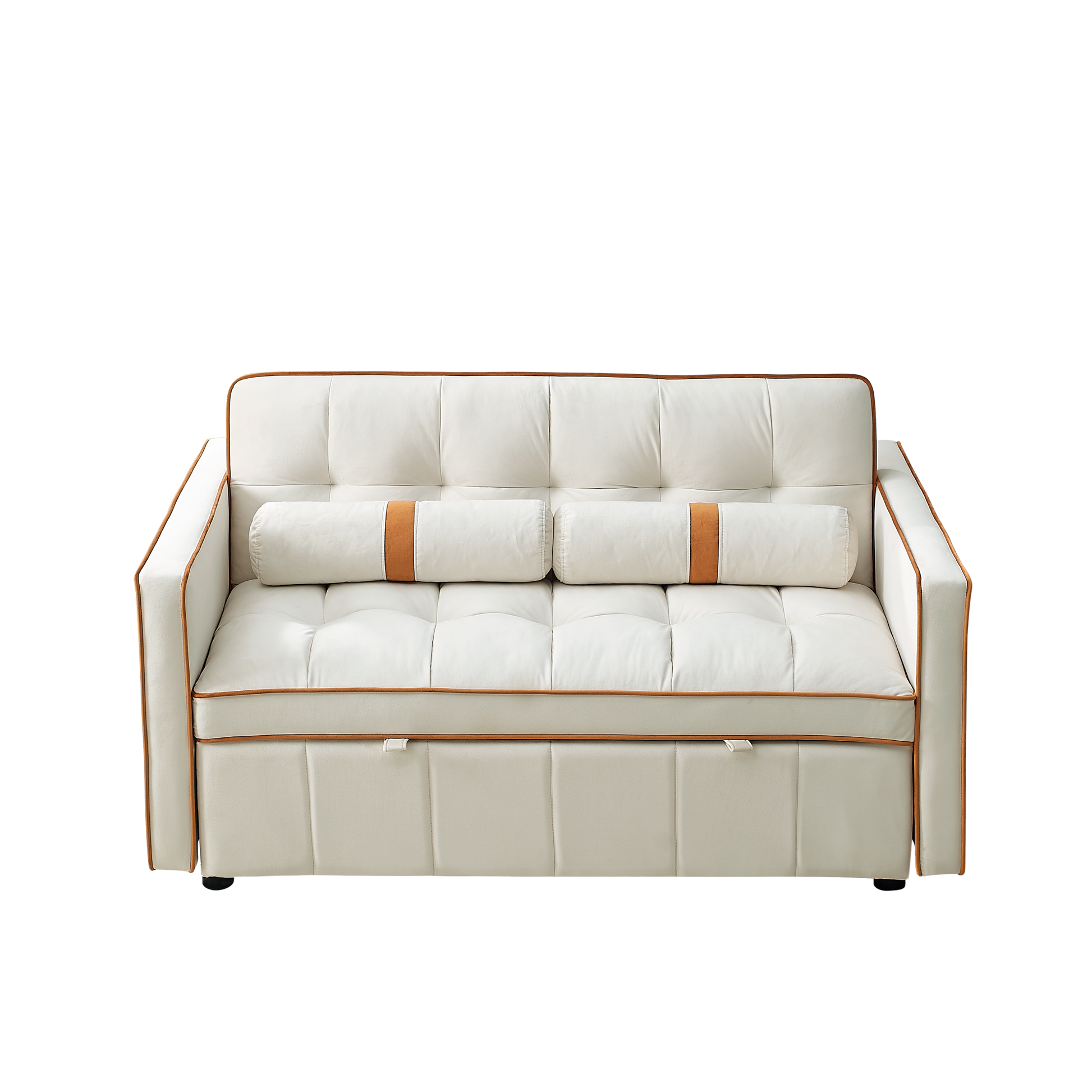 Modern 55.5" Pull Out Sleep Sofa Bed 2 Seater Loveseats Sofa Couch With Side Pockets, Adjsutable Backrest And Lumbar Pillows For Apartment Office Living Room Beige Foam Velvet