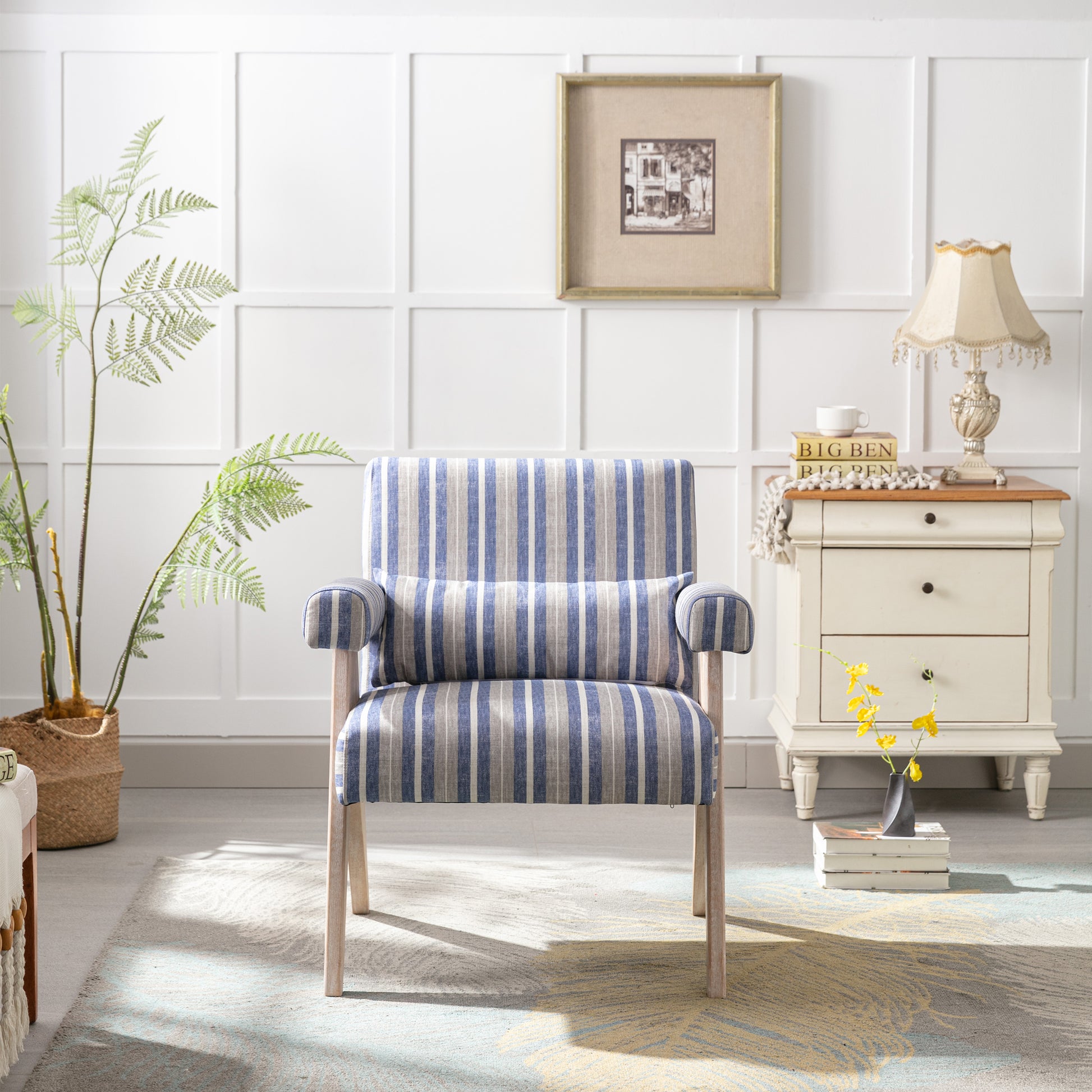 Accent Chair, Kd Rubber Wood Legs With Black Finish. Fabric Cover The Seat. With A Cushion.Blue Stripe Blue And White Stripes Foam Solid Wood