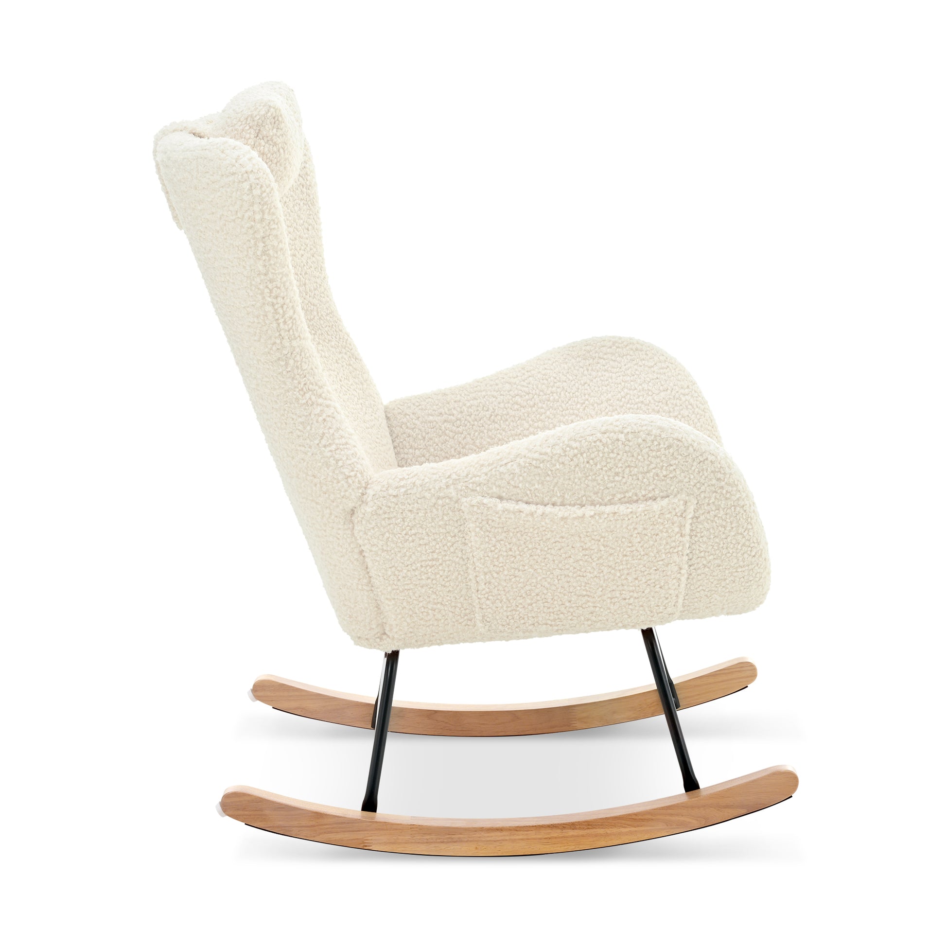 Rocking Chair Nursery, Teddy Upholstered Rocker Glider Chair With High Backrest, Adjustable Headrest & Pocket, Comfy Glider Chair For Nursery, Bedroom, Living Room, Offices, Rubber Wood, Beige Beige Polyester