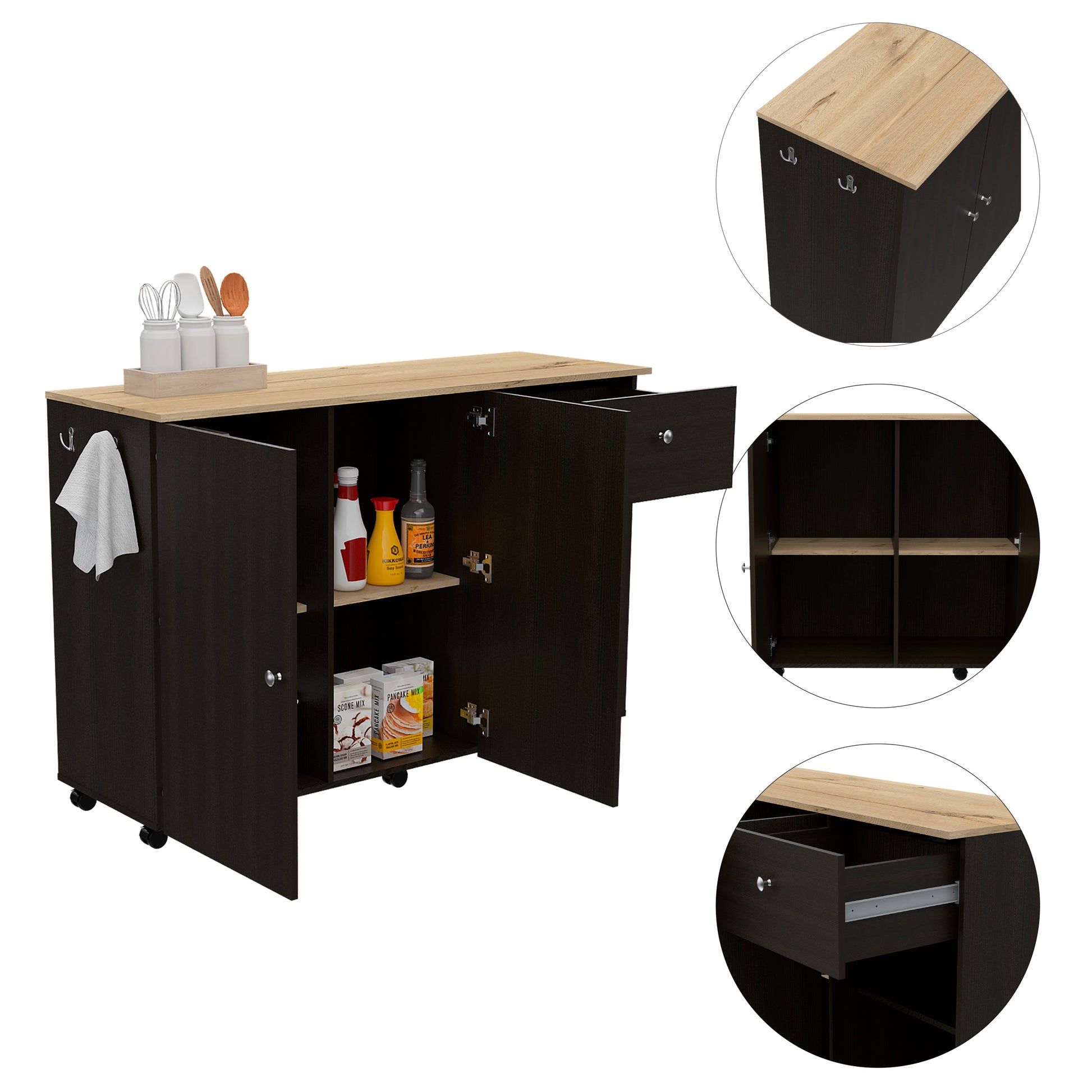 Sayville 2 Drawer 2 Shelf Kitchen Island Black Wengue Black Particle Board