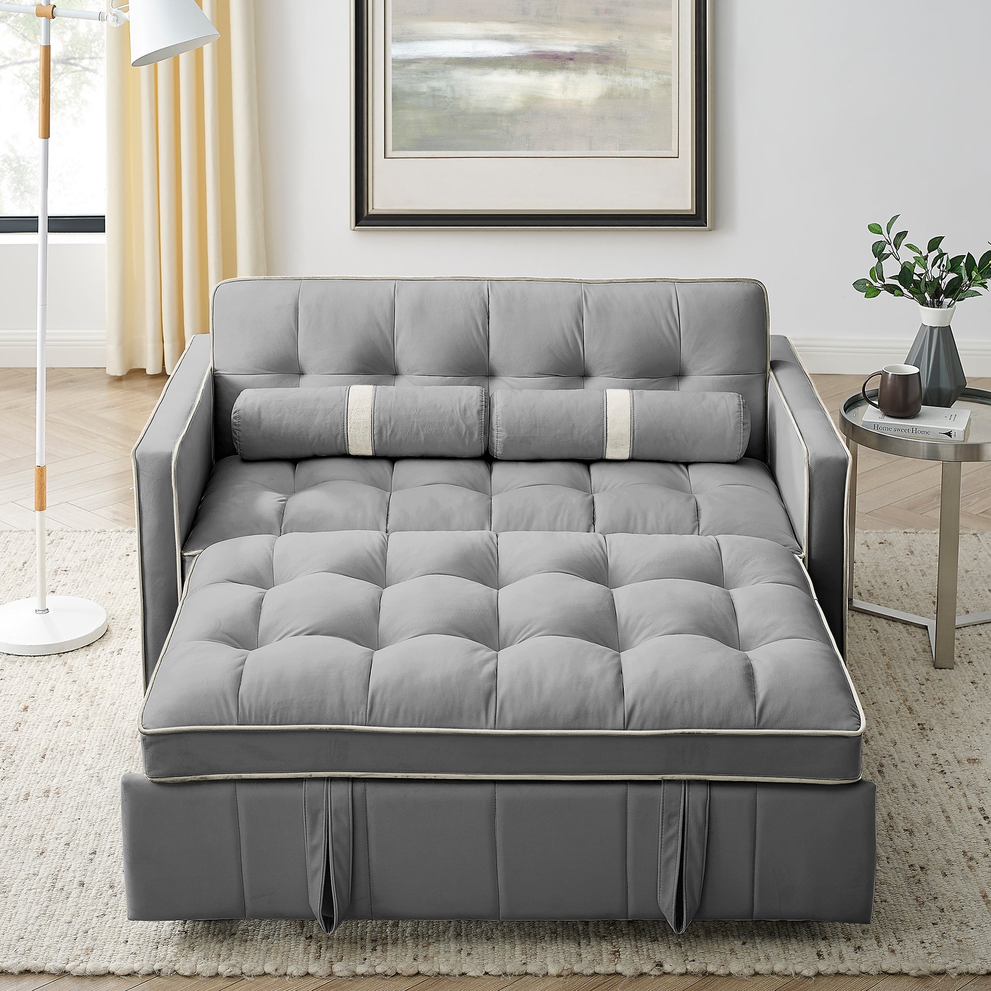 Modern 55.5" Pull Out Sleep Sofa Bed 2 Seater Loveseats Sofa Couch With Side Pockets, Adjsutable Backrest And Lumbar Pillows For Apartment Office Living Room Grey Foam Velvet