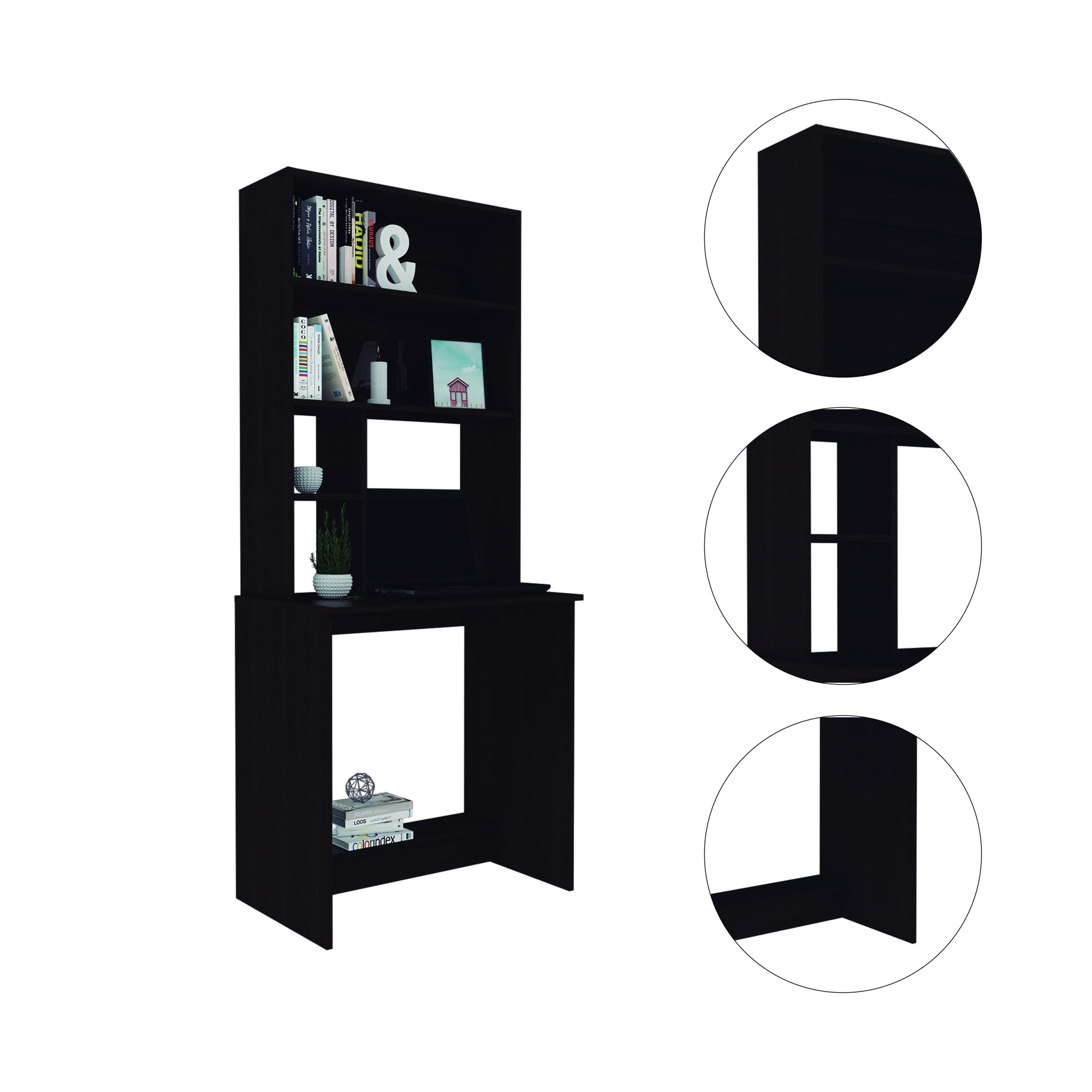 Black Wengue 4 Shelf Computer Desk With Hutch Black Particle Board