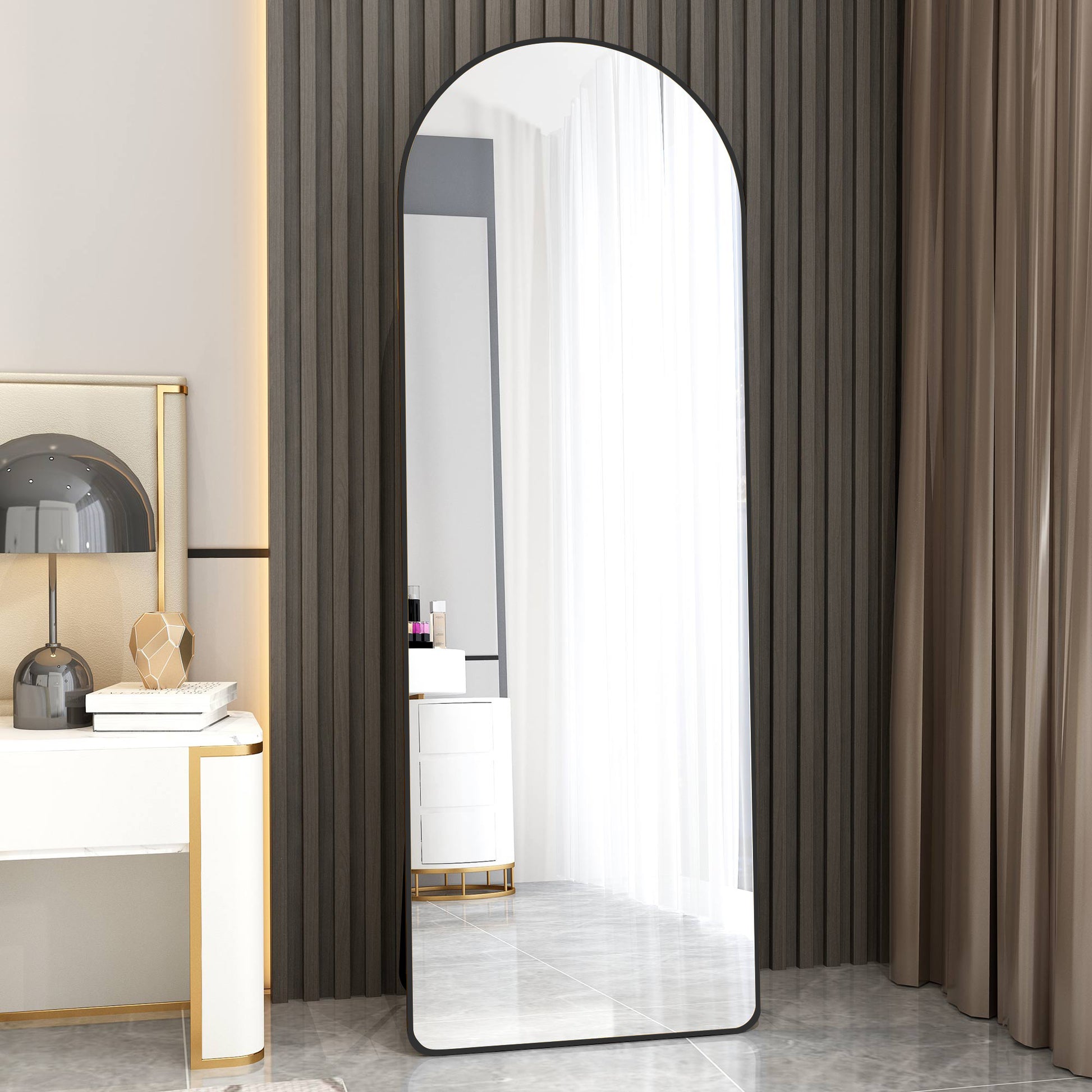 The 3St Generation Of Floor Mounted Full Length Mirrors. Aluminum Alloy Metal Frame Arched Wall Mirror, Bathroom Makeup Mirror, Bedroom Porch, Clothing Store, Wall Mounted. Black 65 "* 23" W1151109084 Black Glass