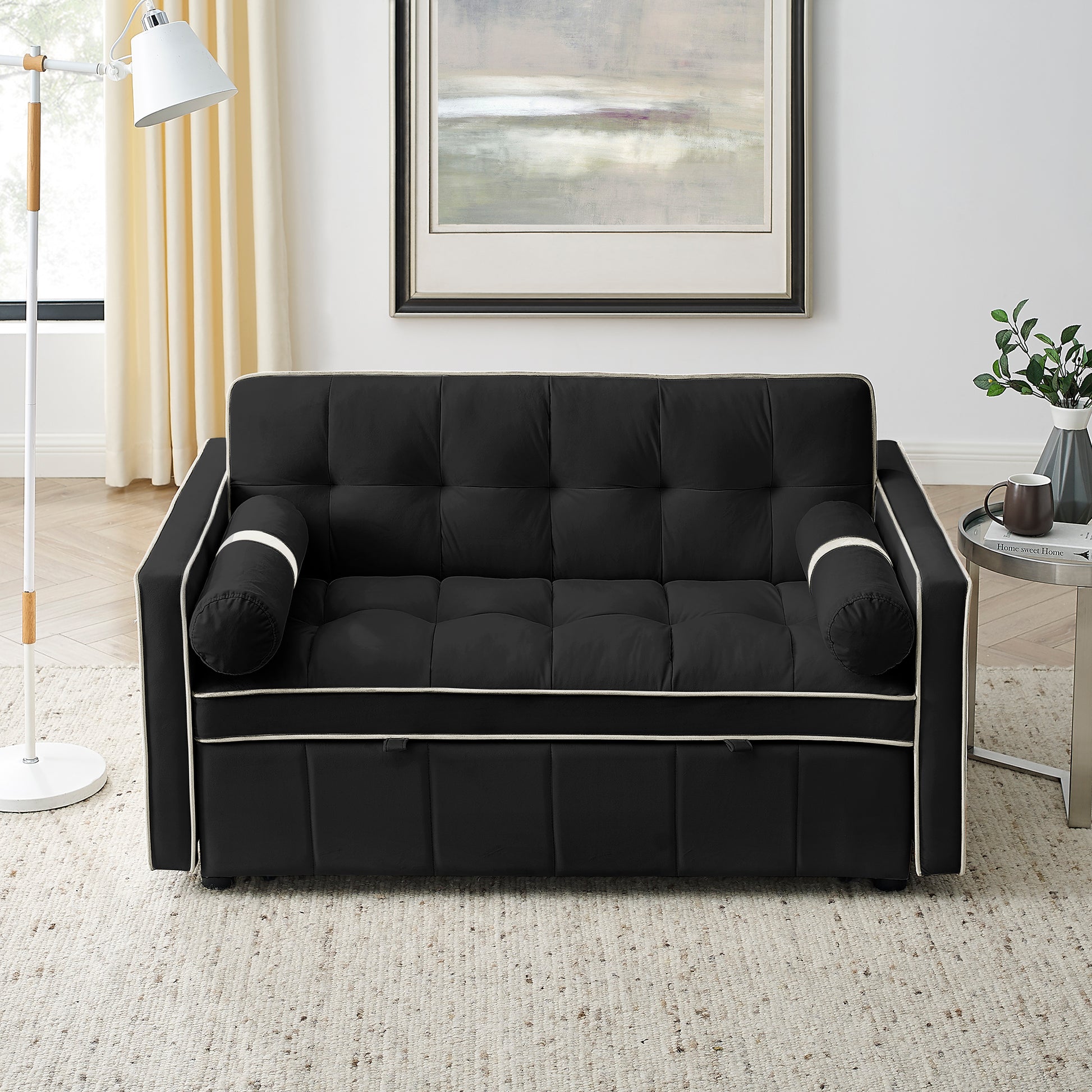 Modern 55.5" Pull Out Sleep Sofa Bed 2 Seater Loveseats Sofa Couch With Side Pockets, Adjsutable Backrest And Lumbar Pillows For Apartment Office Living Room Black Foam Velvet