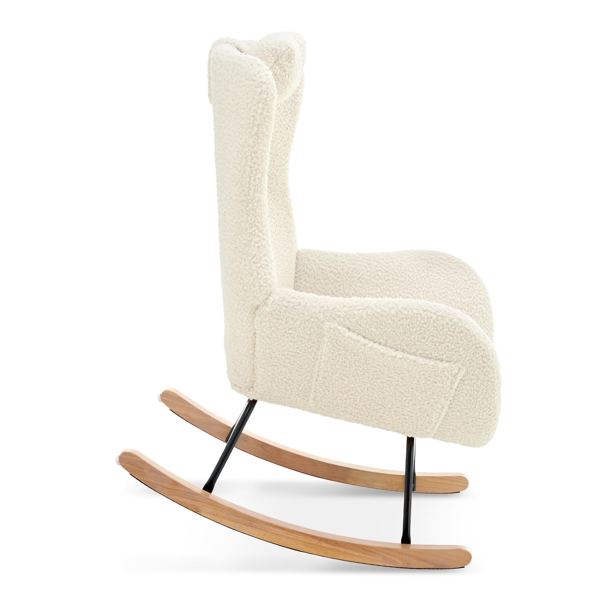 Rocking Chair Nursery, Teddy Upholstered Rocker Glider Chair With High Backrest, Adjustable Headrest & Pocket, Comfy Glider Chair For Nursery, Bedroom, Living Room, Offices, Rubber Wood, Beige Beige Polyester