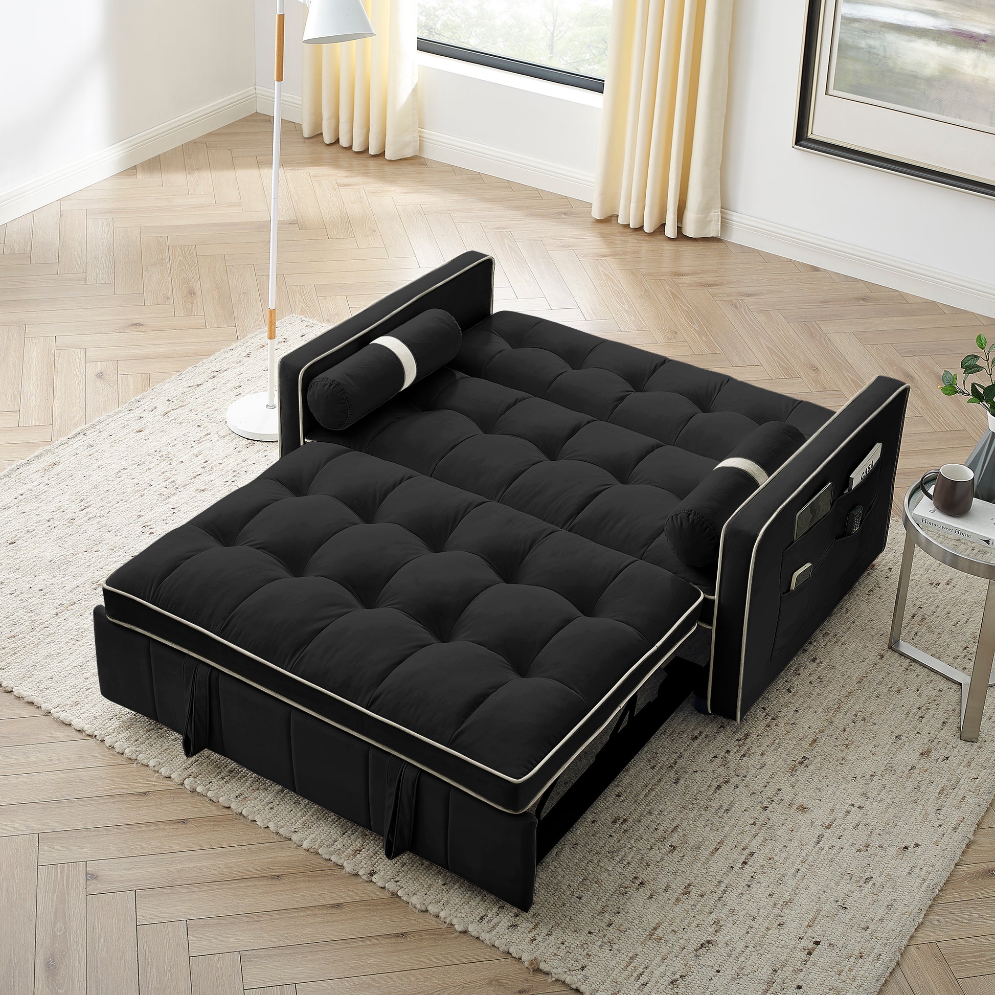 Modern 55.5" Pull Out Sleep Sofa Bed 2 Seater Loveseats Sofa Couch With Side Pockets, Adjsutable Backrest And Lumbar Pillows For Apartment Office Living Room Black Foam Velvet