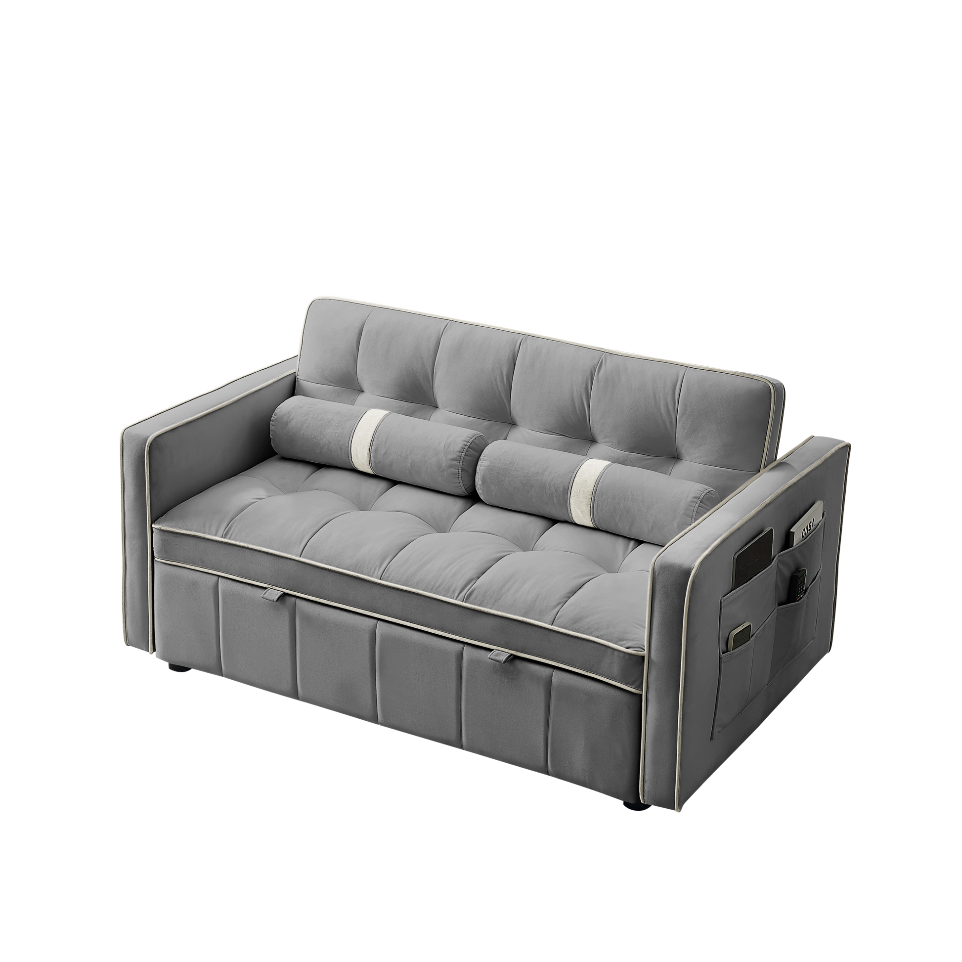 Modern 55.5" Pull Out Sleep Sofa Bed 2 Seater Loveseats Sofa Couch With Side Pockets, Adjsutable Backrest And Lumbar Pillows For Apartment Office Living Room Grey Foam Velvet