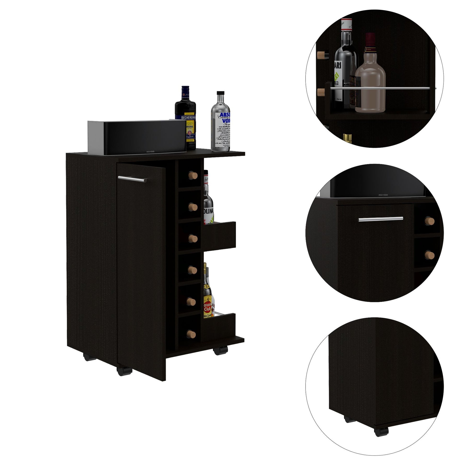 Bartlet 2 Shelf 6 Bottle Bar Cart With Division Black Wengue Black Particle Board