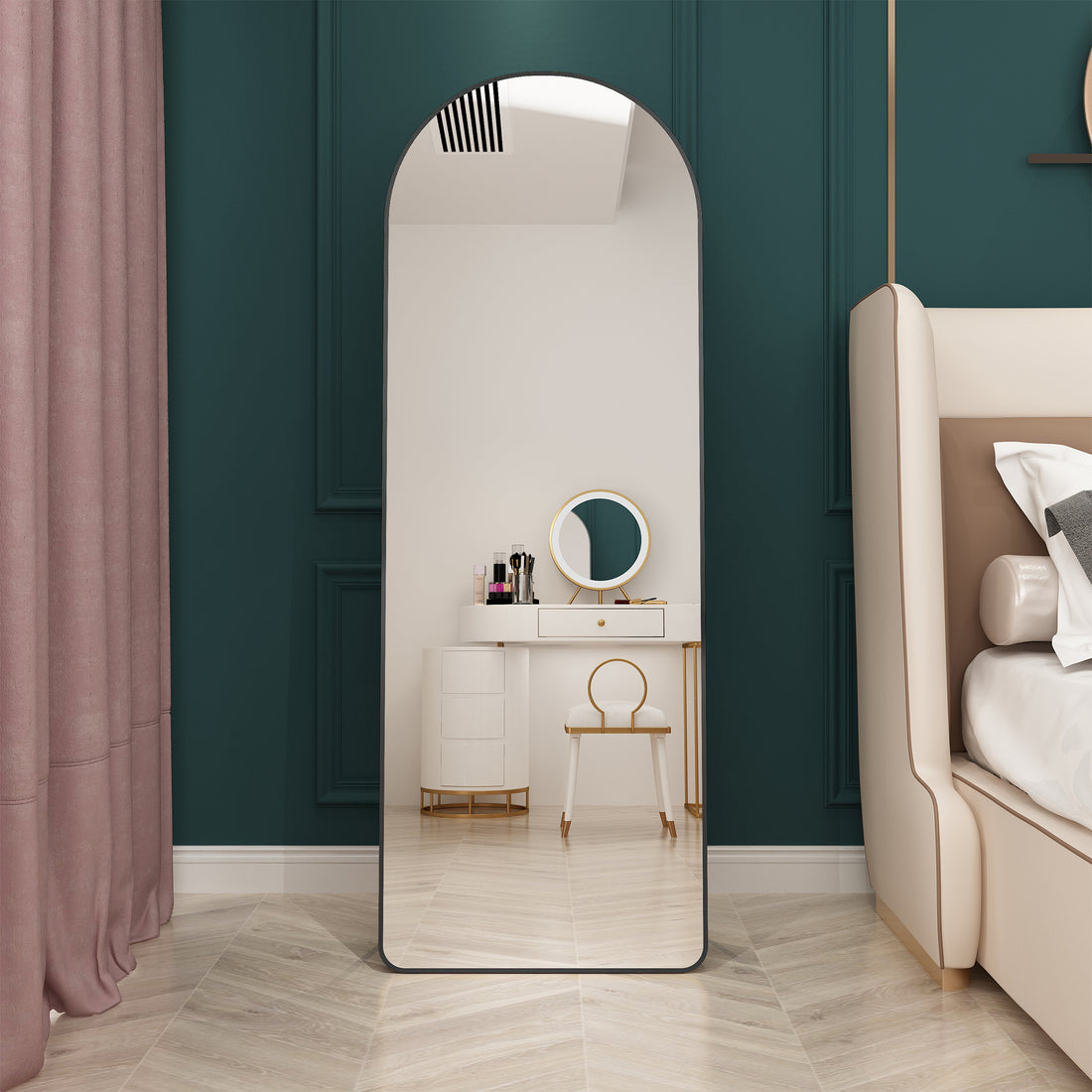 The 3St Generation Of Floor Mounted Full Length Mirrors. Aluminum Alloy Metal Frame Arched Wall Mirror, Bathroom Makeup Mirror, Bedroom Porch, Clothing Store, Wall Mounted. Black 65 "* 23" W1151109084 Black Glass