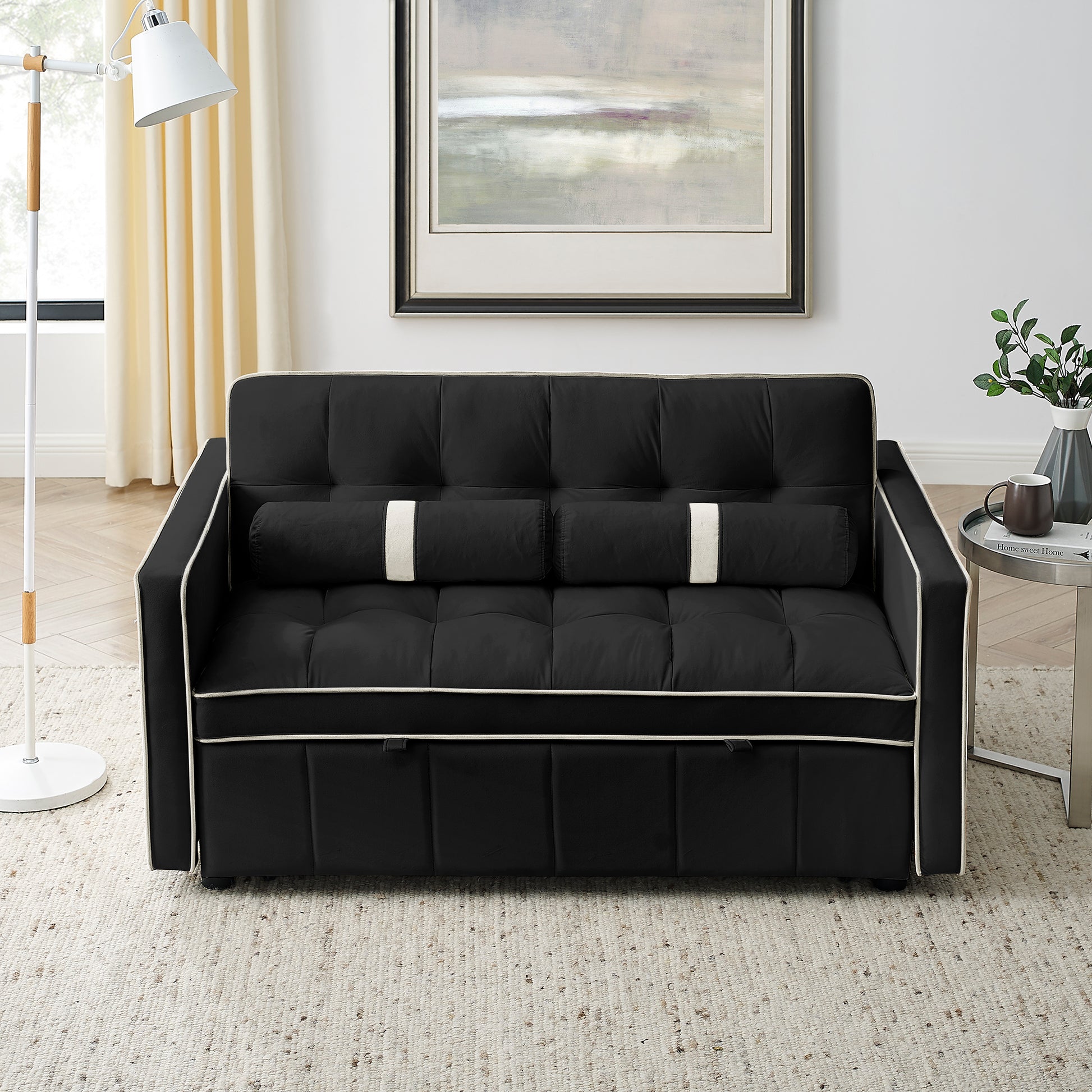 Modern 55.5" Pull Out Sleep Sofa Bed 2 Seater Loveseats Sofa Couch With Side Pockets, Adjsutable Backrest And Lumbar Pillows For Apartment Office Living Room Black Foam Velvet