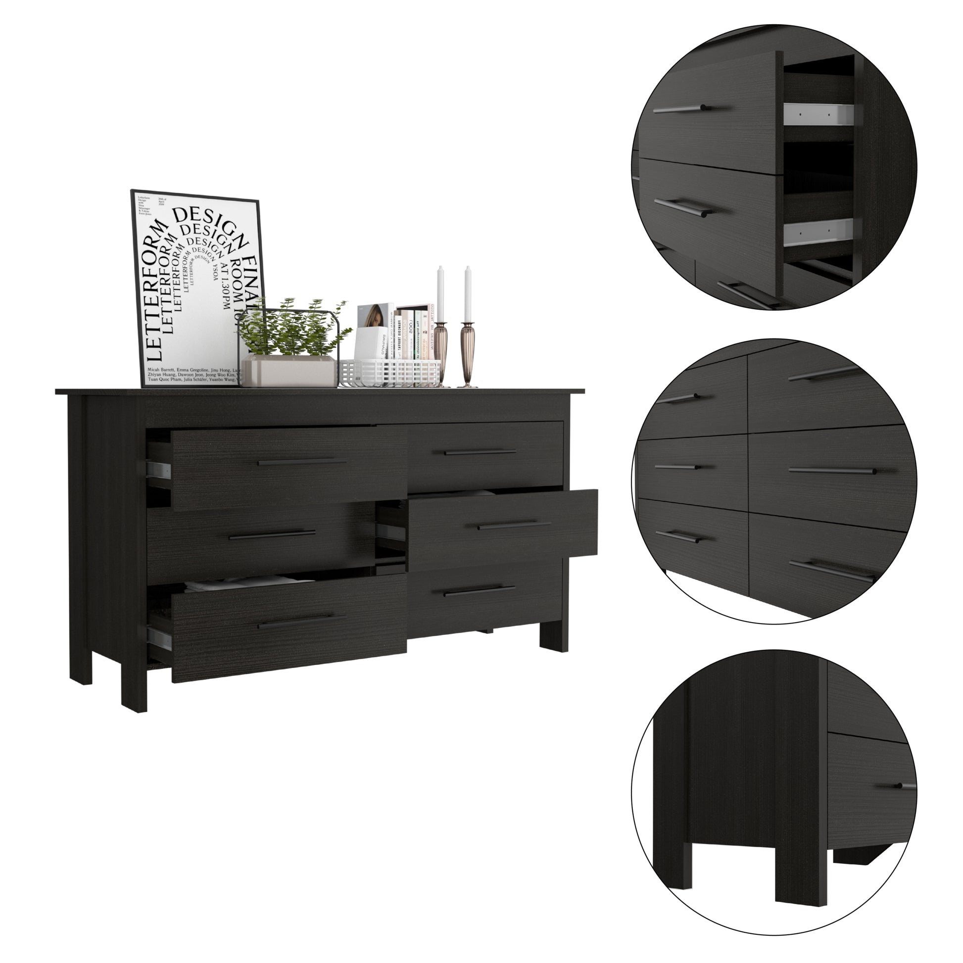 Southington 6 Drawer Rectangle Dresser Black Wengue Black Particle Board