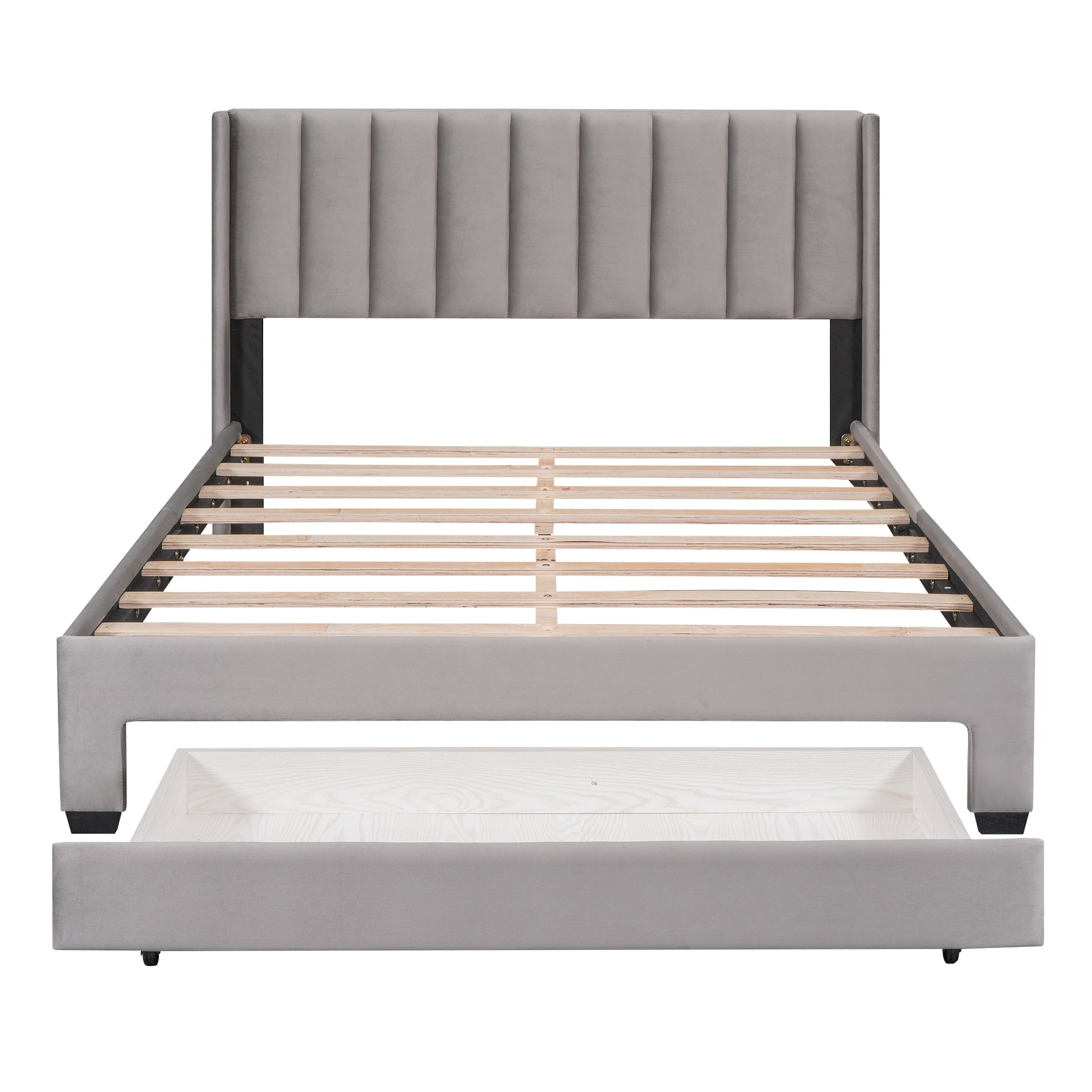 Queen Size Storage Bed Velvet Upholstered Platform Bed With A Big Drawer Gray Gray Velvet