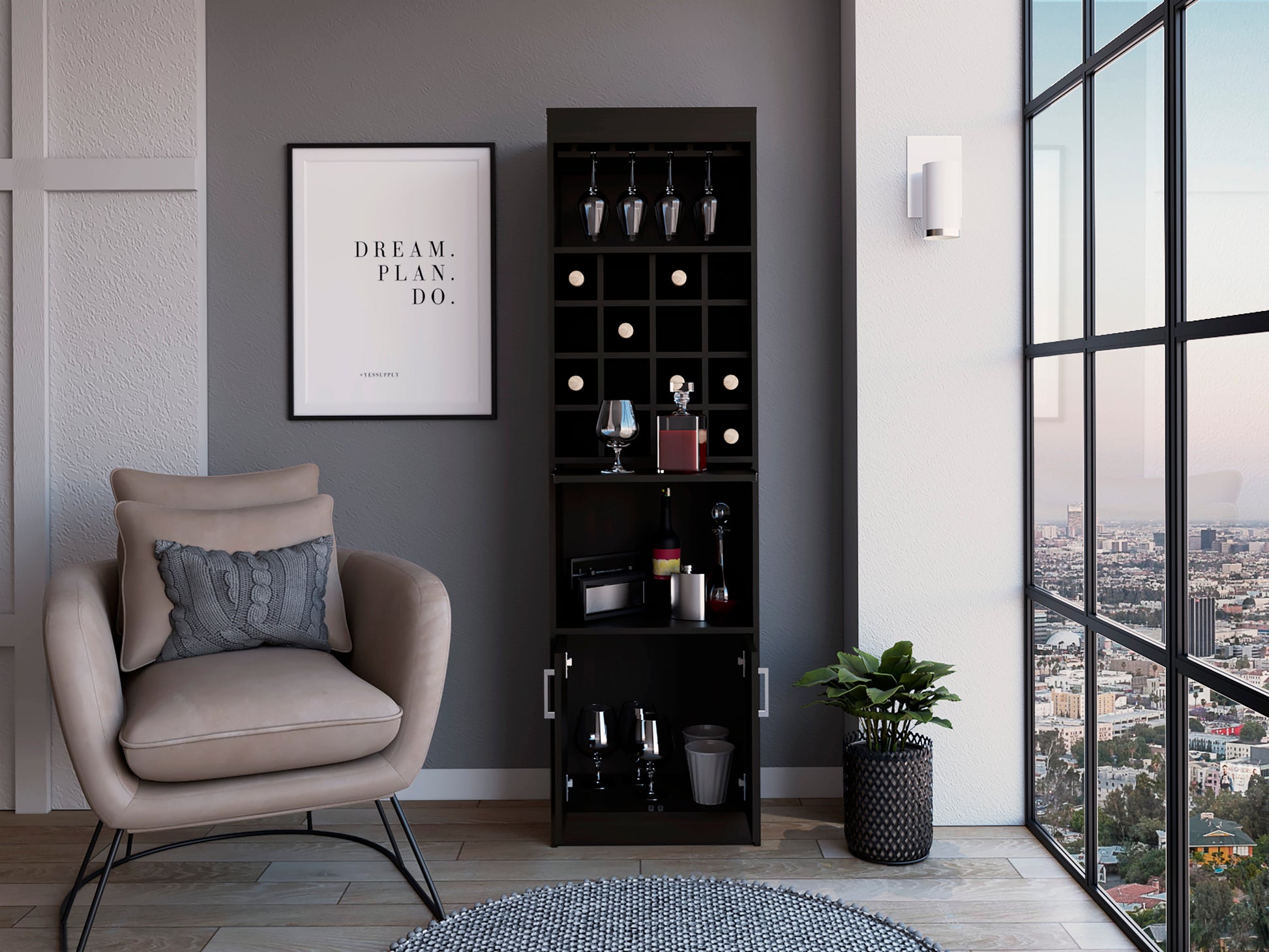 Black Wengue 16 Bottle 1 Shelf Bar Cabinet Black Particle Board