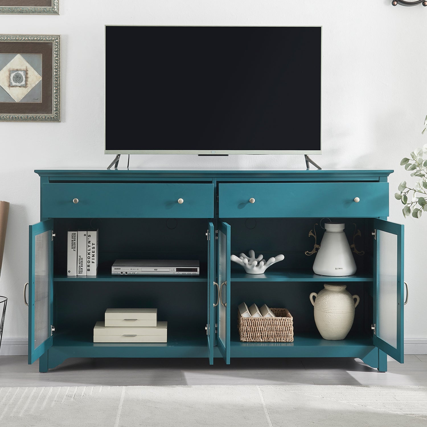 65" Tv Console, Storage Buffet Cabinet, Sideboard With Glass Door And Adjustable Shelves, Console Table, Teal Blue Teal Blue Primary Living Space Modern Mdf Glass