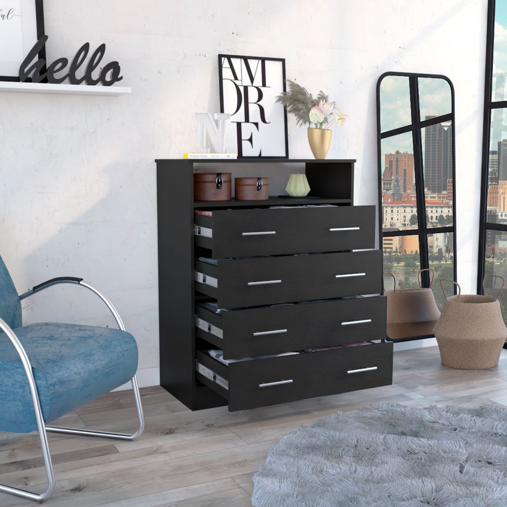 Black Wengue 4 Drawer Rectangle Dresser Black Bedroom Particle Board