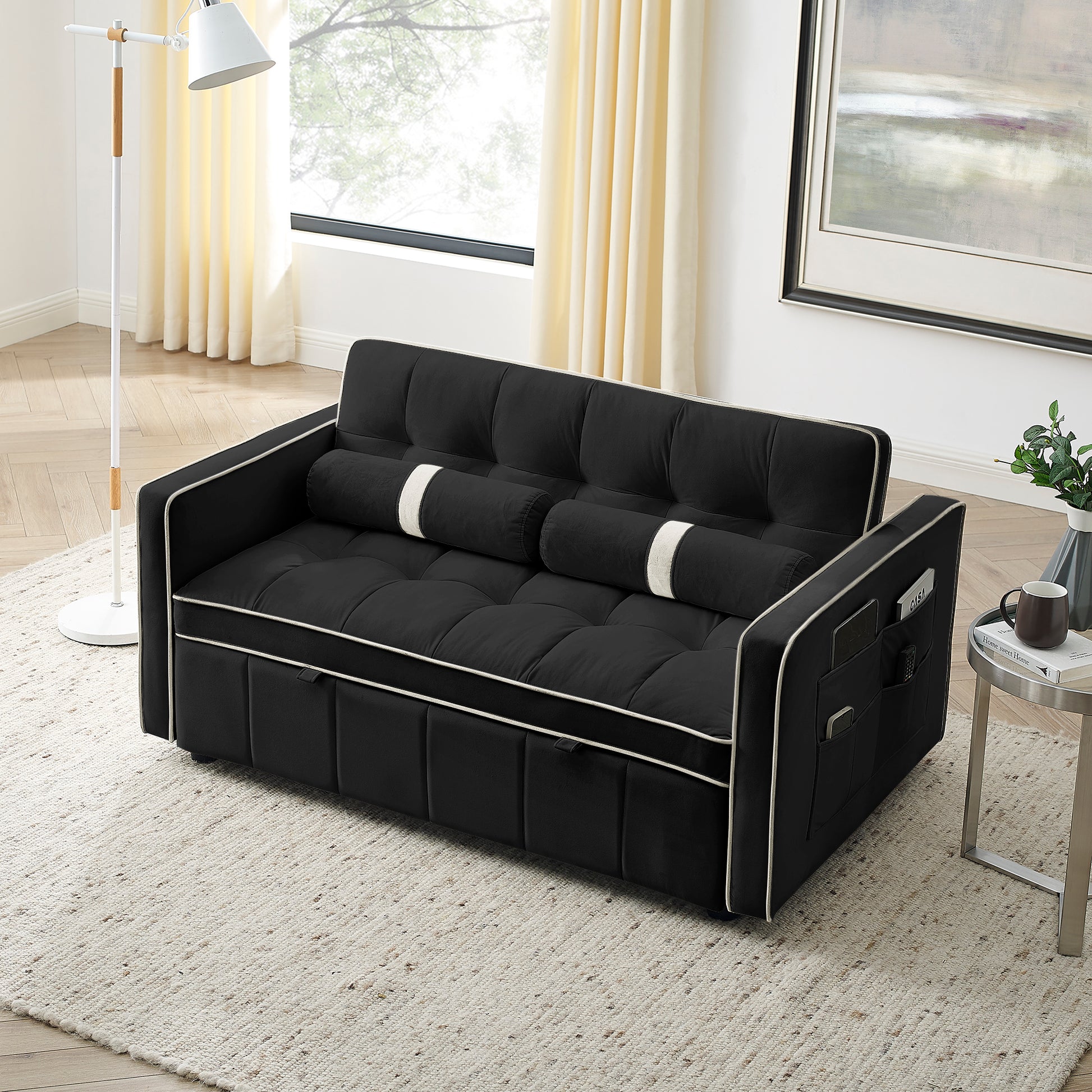 Modern 55.5" Pull Out Sleep Sofa Bed 2 Seater Loveseats Sofa Couch With Side Pockets, Adjsutable Backrest And Lumbar Pillows For Apartment Office Living Room Black Foam Velvet